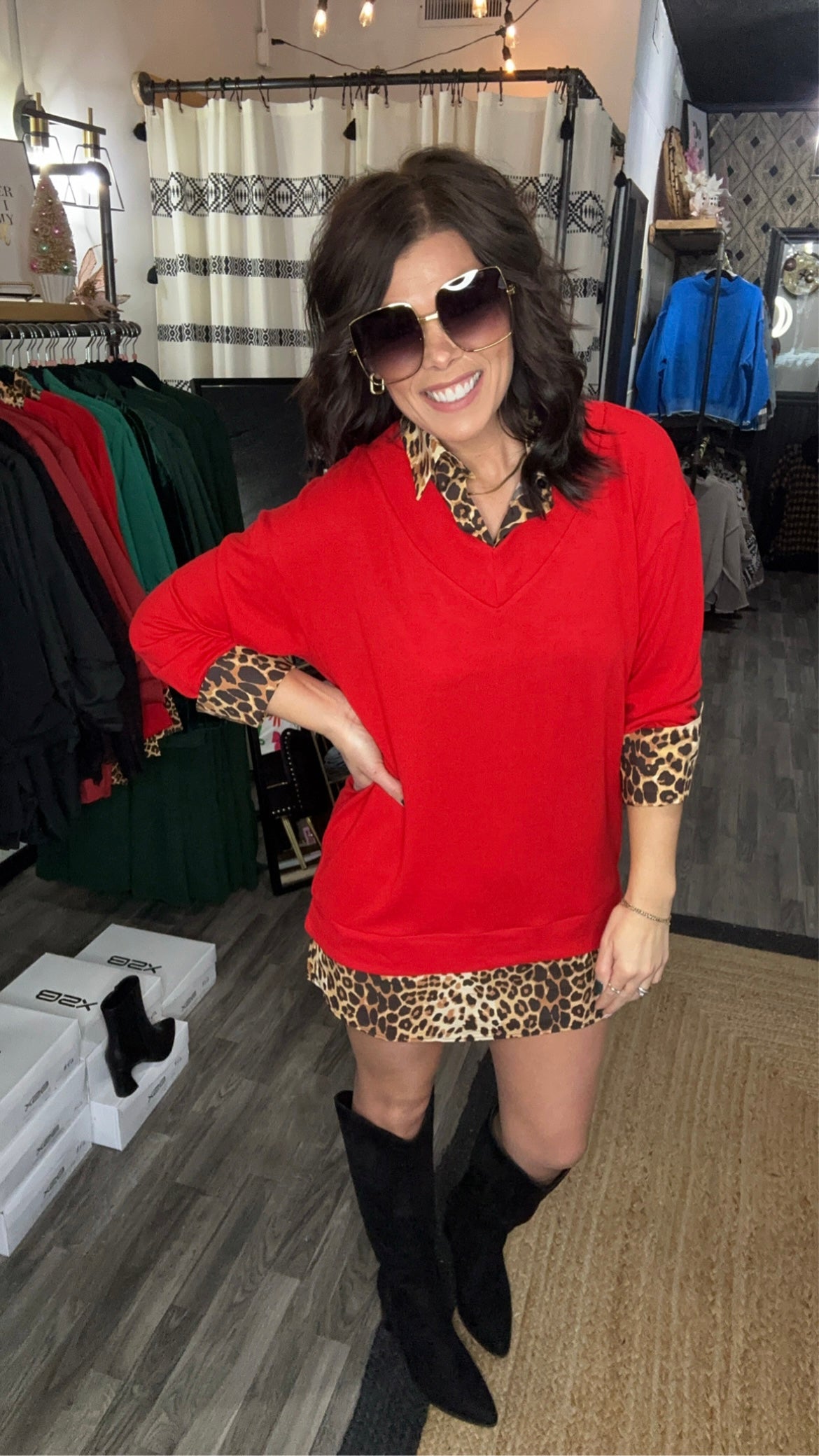 Red & Leopard Print Knit Shirt Dress