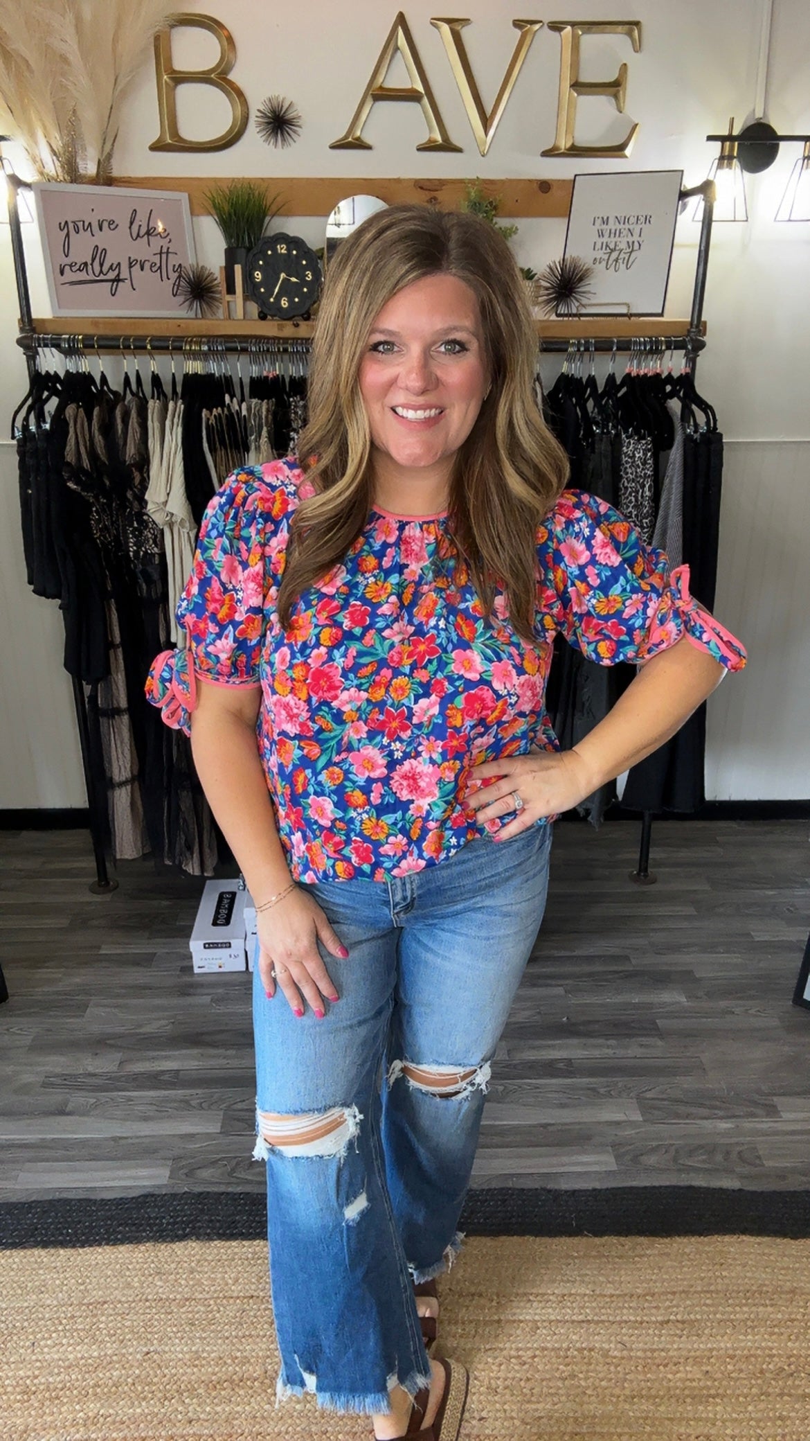 Navy & Coral Floral Print Ribbon Sleeve Top