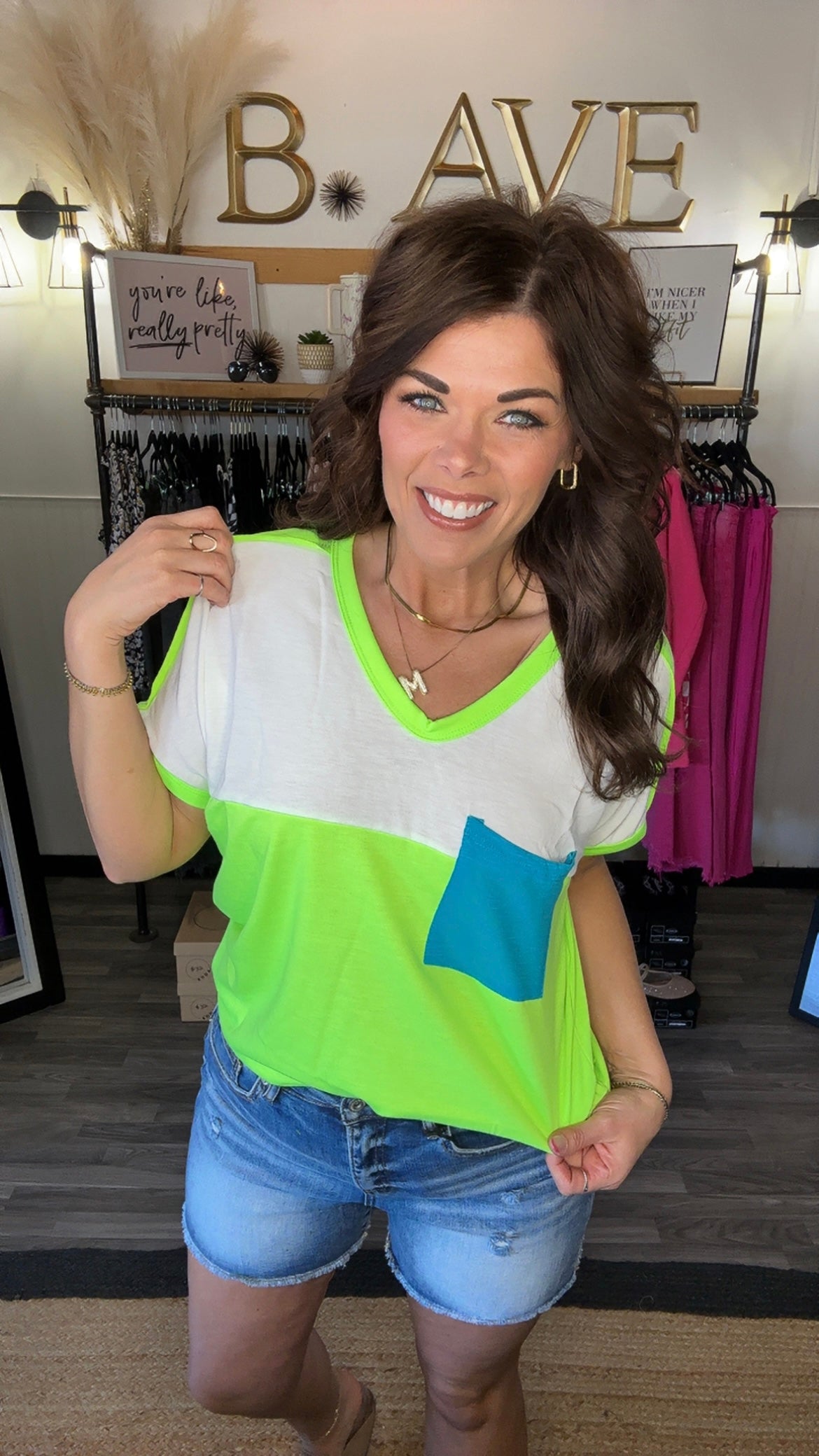 Neon Green & White Contrast Pocket Top
