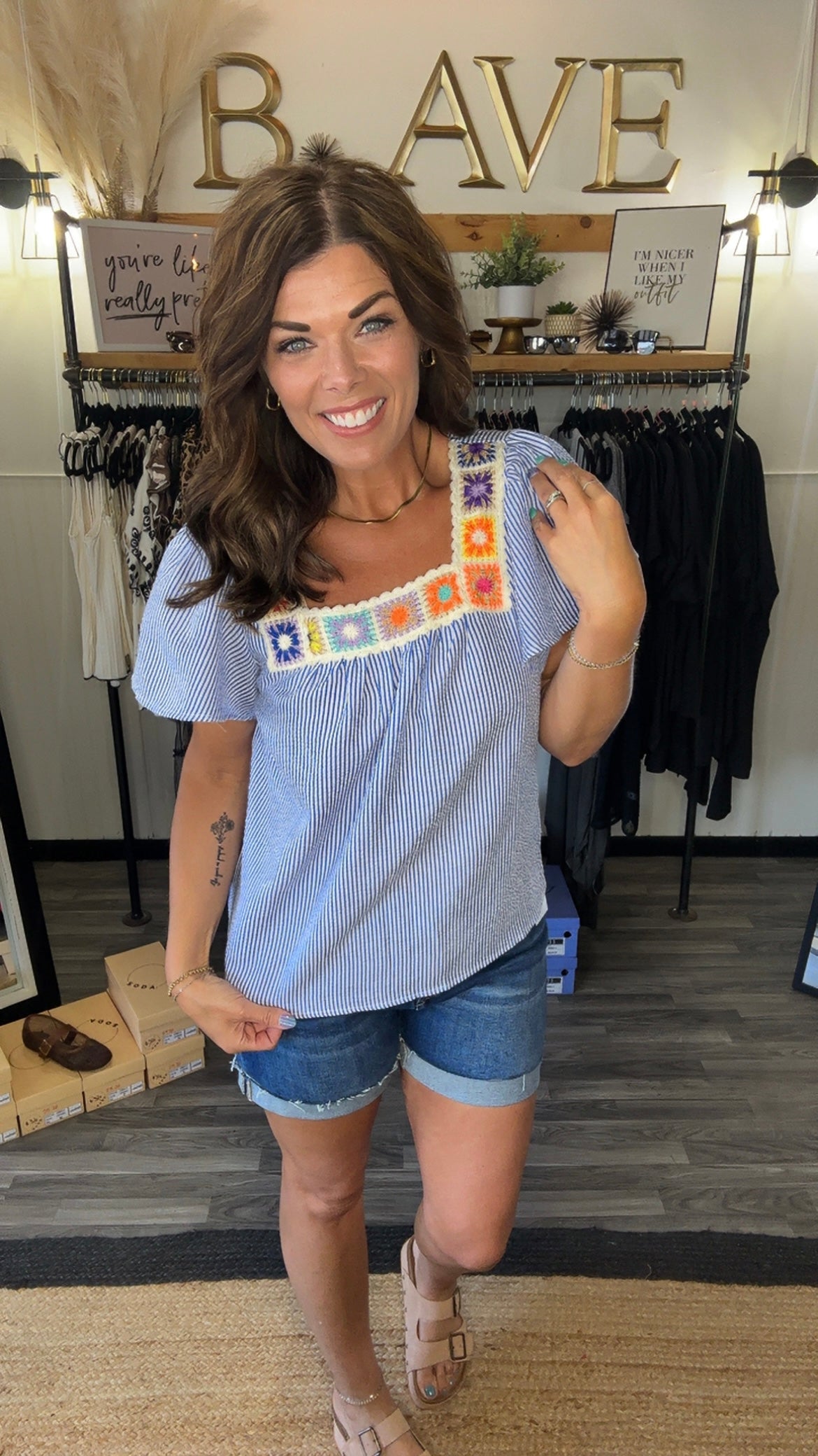 Blue Stripe Crochet Neck Top