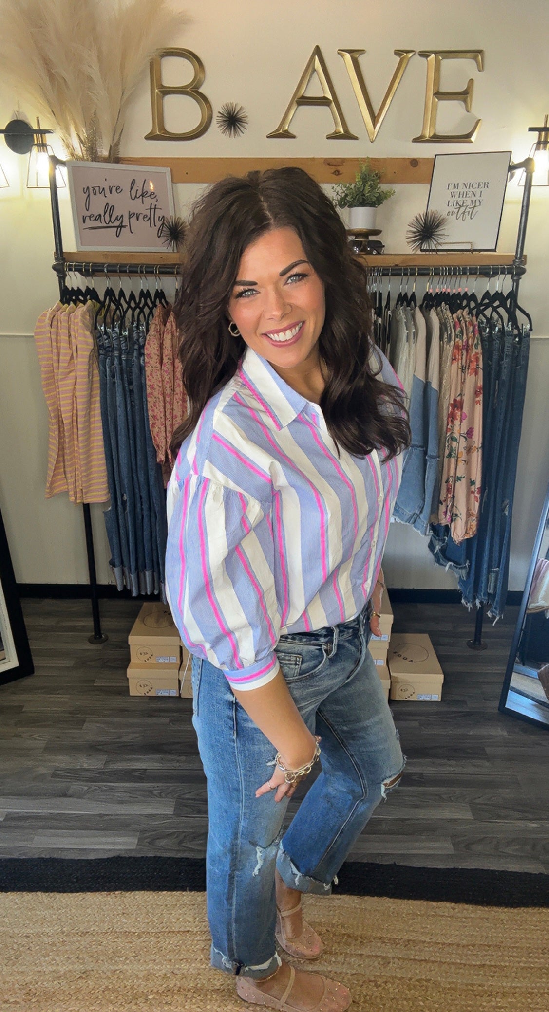 Pink & Blue Multi Stripe Button Down Top