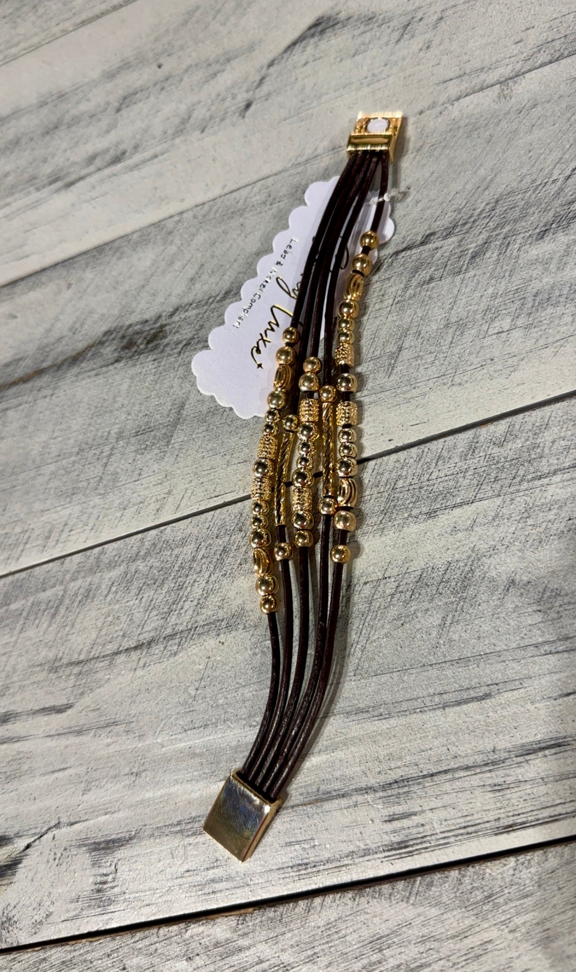 Black Leather & Gold Bead Magnetic Bracelet