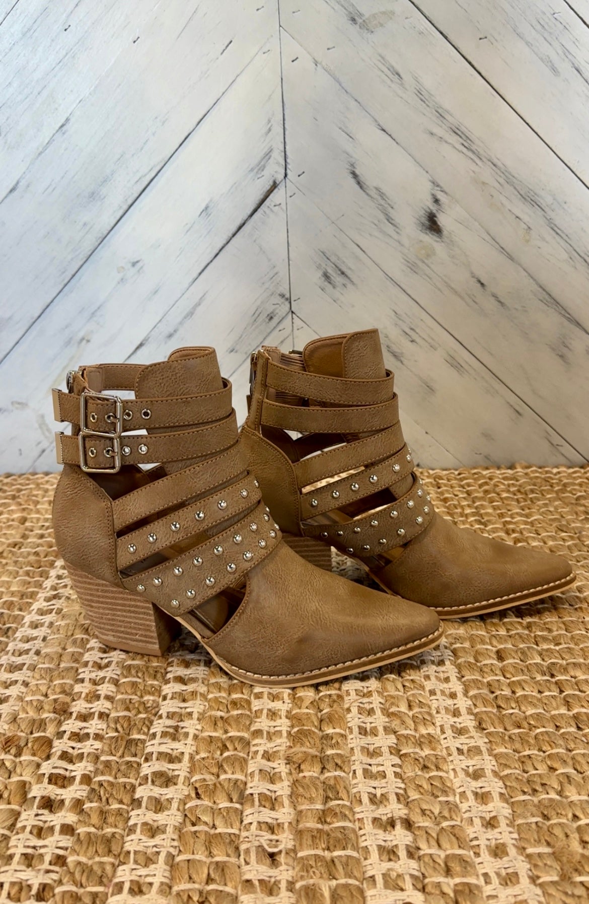 Taupe Strappy Studded Ankle Boots