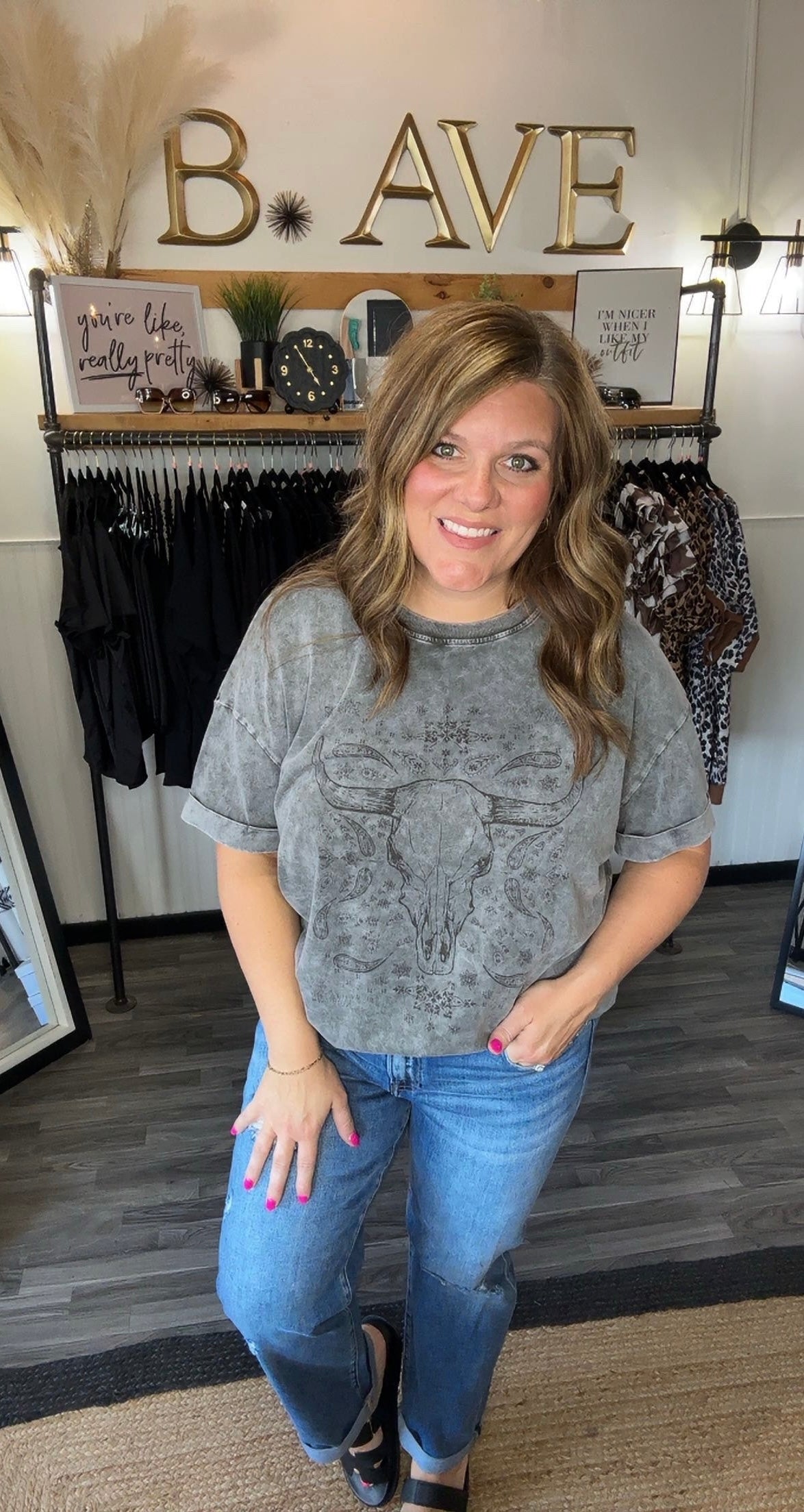 Steel Grey Mineral Wash Steer Head Western Tee
