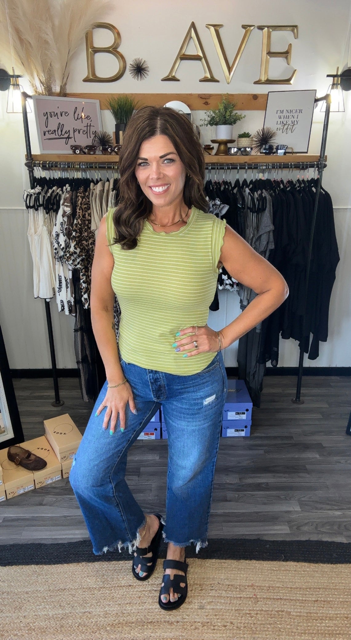 Avocado & White Stripe Ruffle Tank