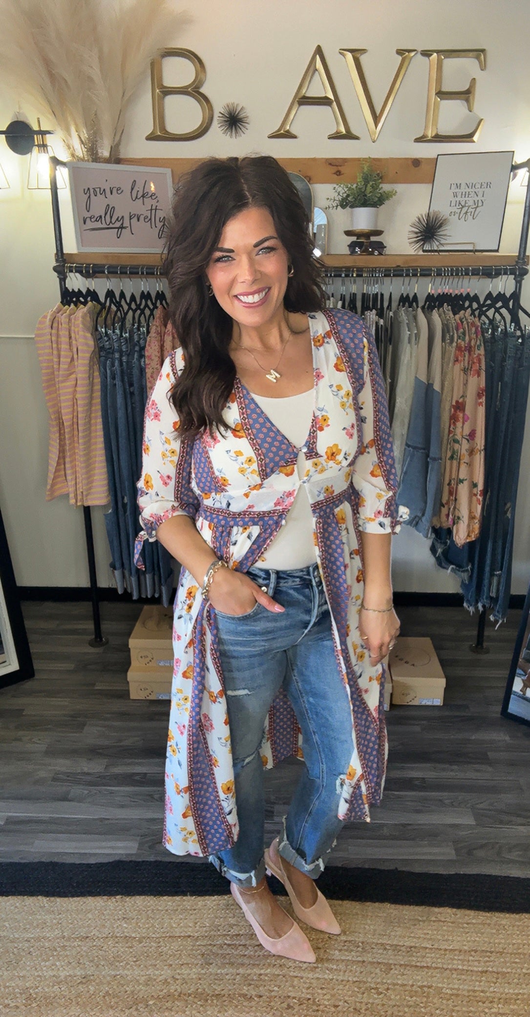 Ivory & Blue Floral Stripe Kimono Top