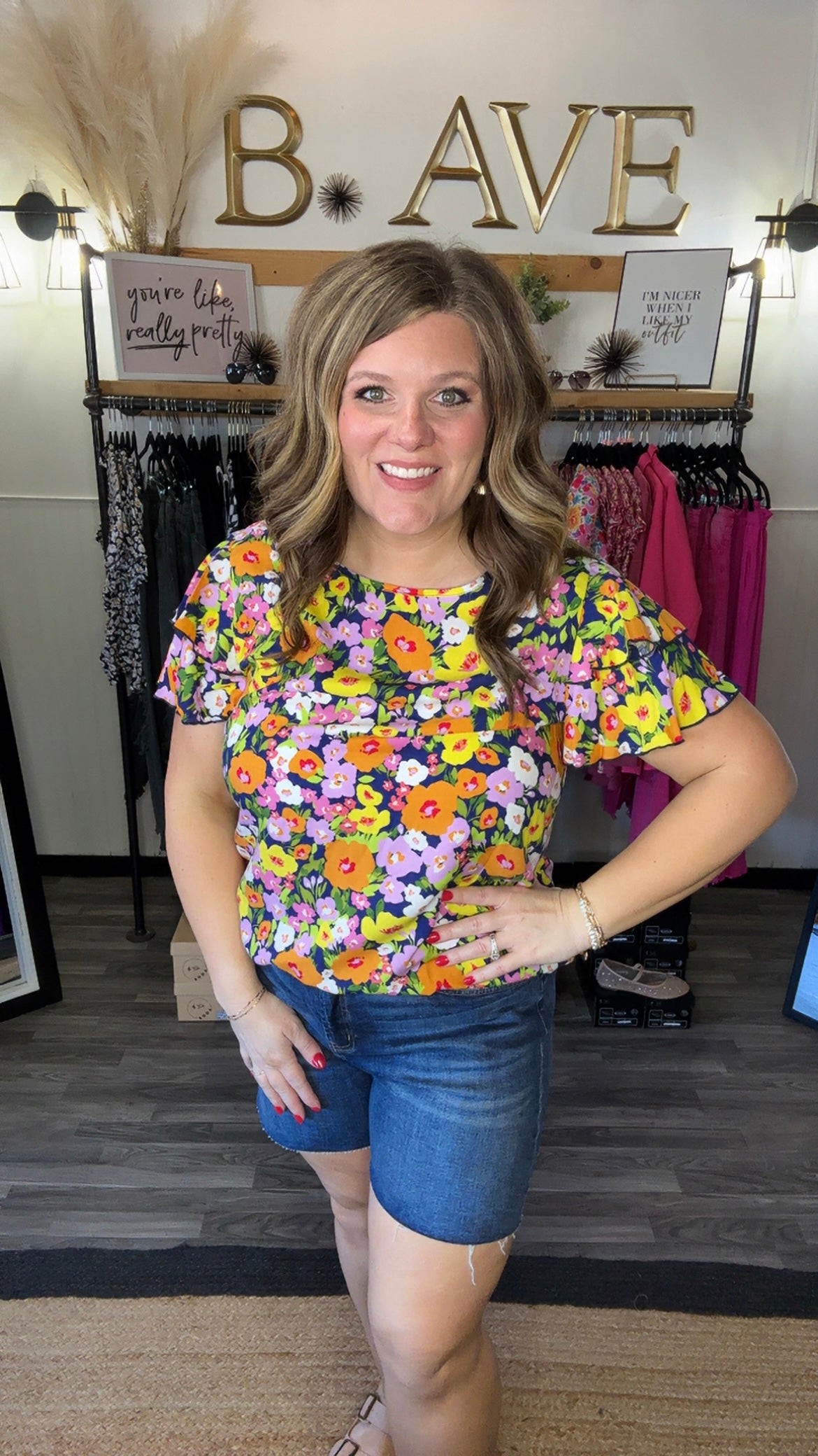 Navy Multi Floral Flutter Sleeve Top