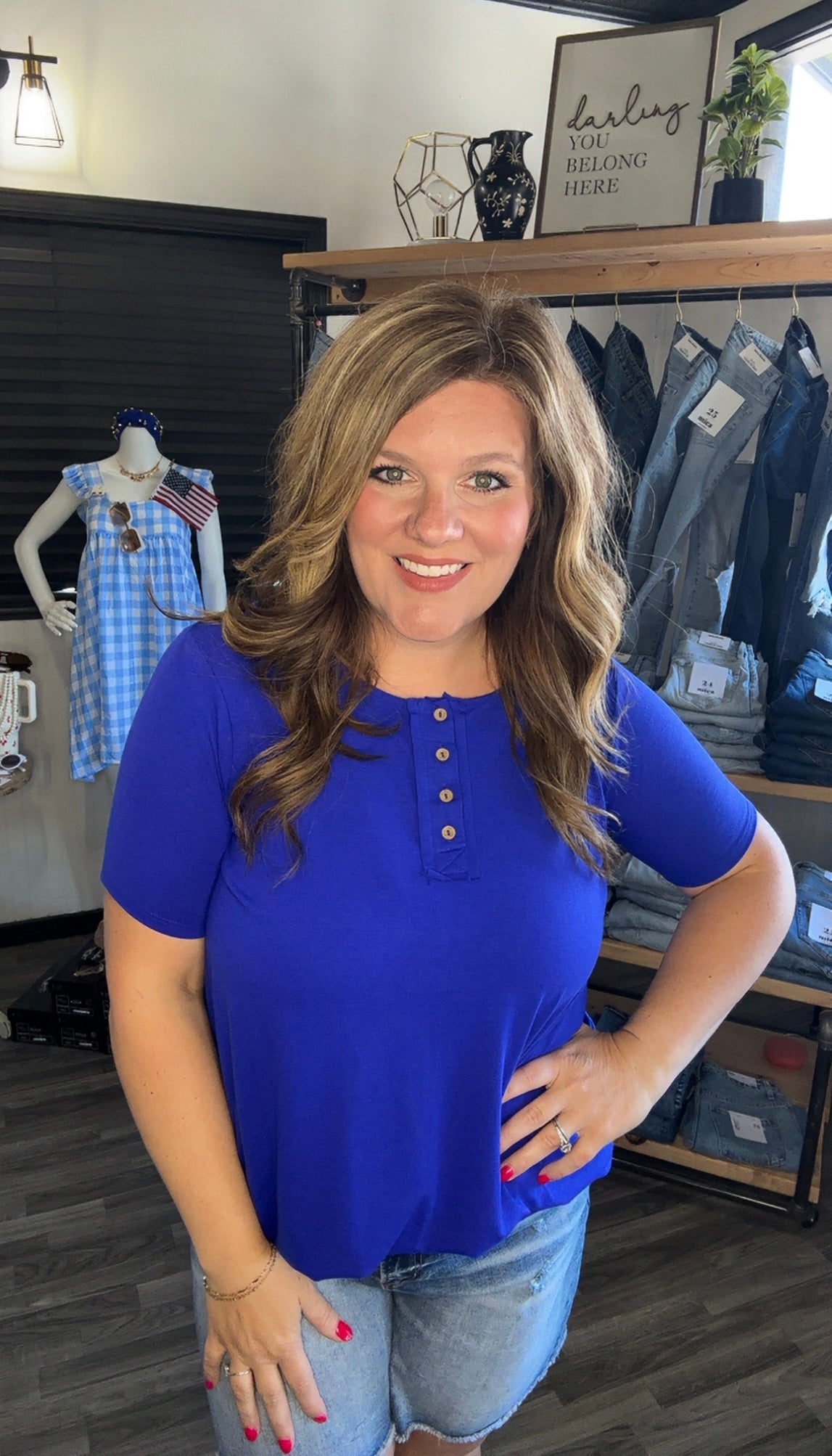 Bright Blue Snap Front Short Sleeve Top