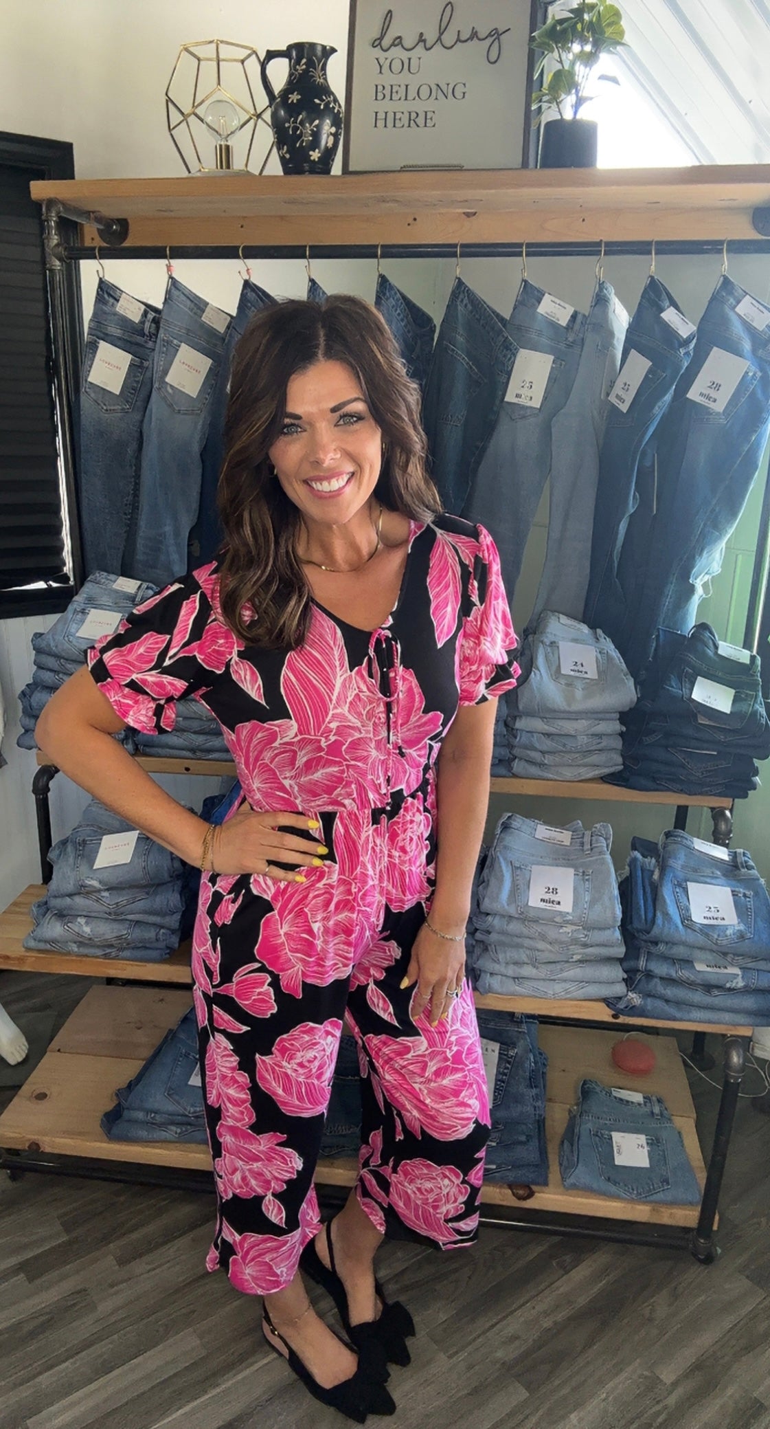Pink & Black Floral Print Bubble Sleeve Jumpsuit