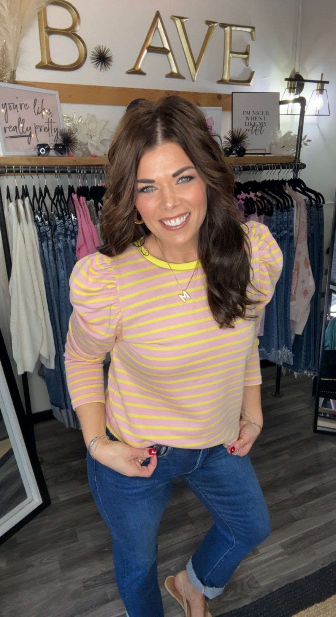 Strawberry Cream and Yellow Striped Puff Sleeve Top