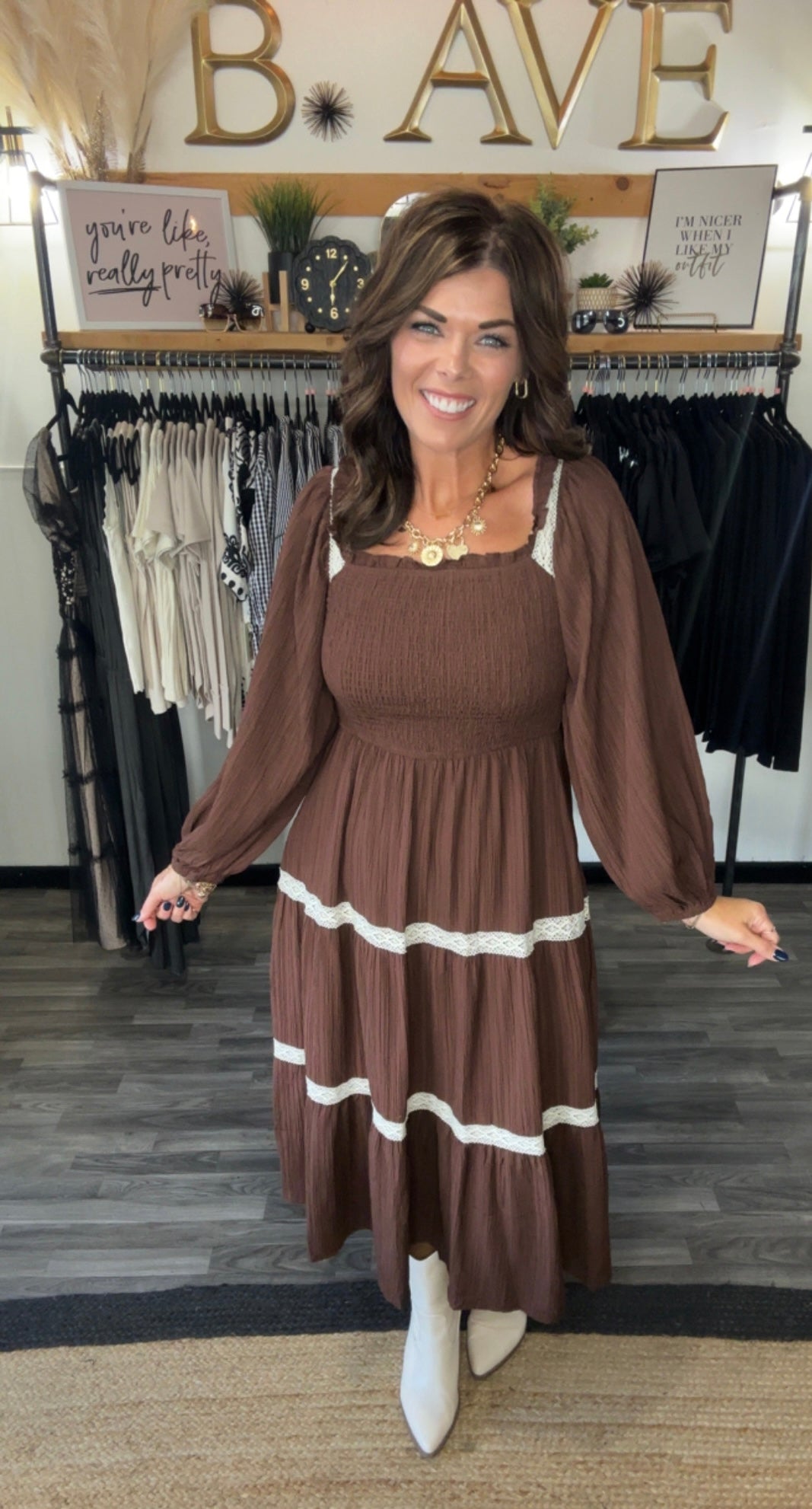 Brown & Ivory Lace Trimmed Dress