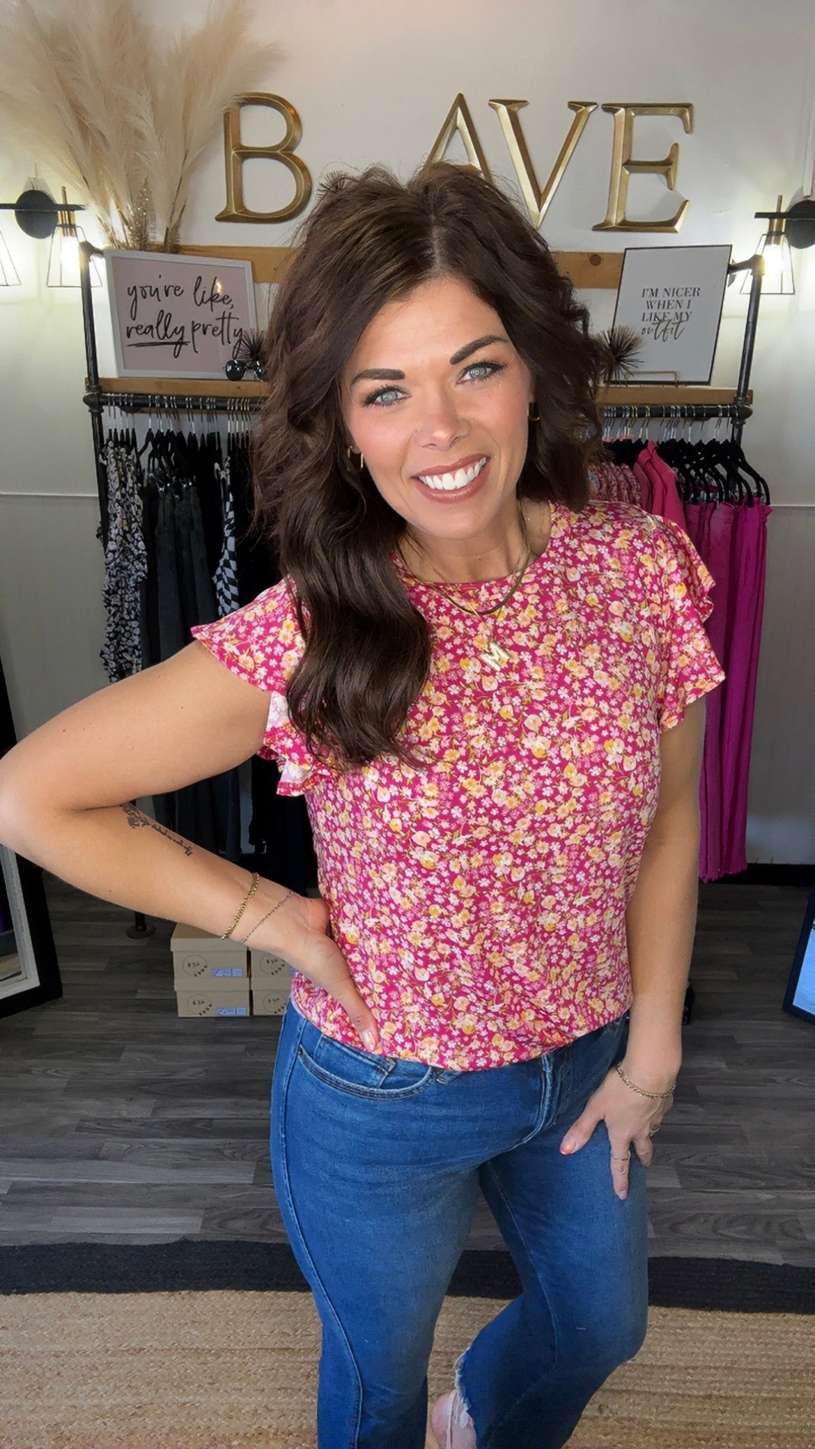 Fuchsia & Yellow Floral Ruffle Sleeve Top