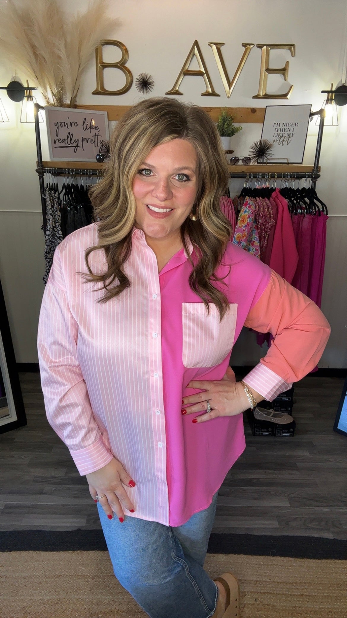 Pink Colorblock & Stripe Button Down Shirt