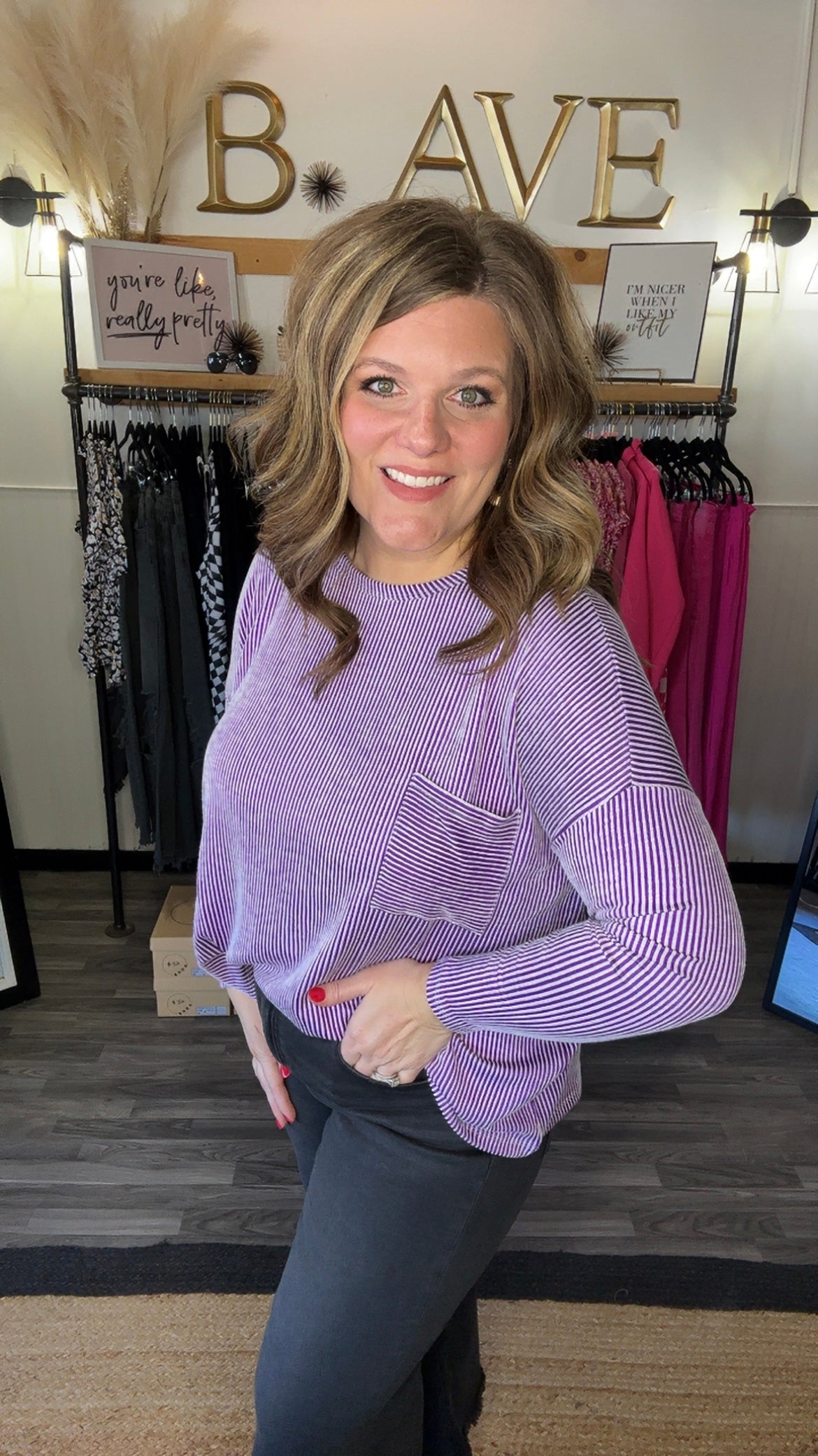 Violet Ribbed Striped Long Sleeve Top