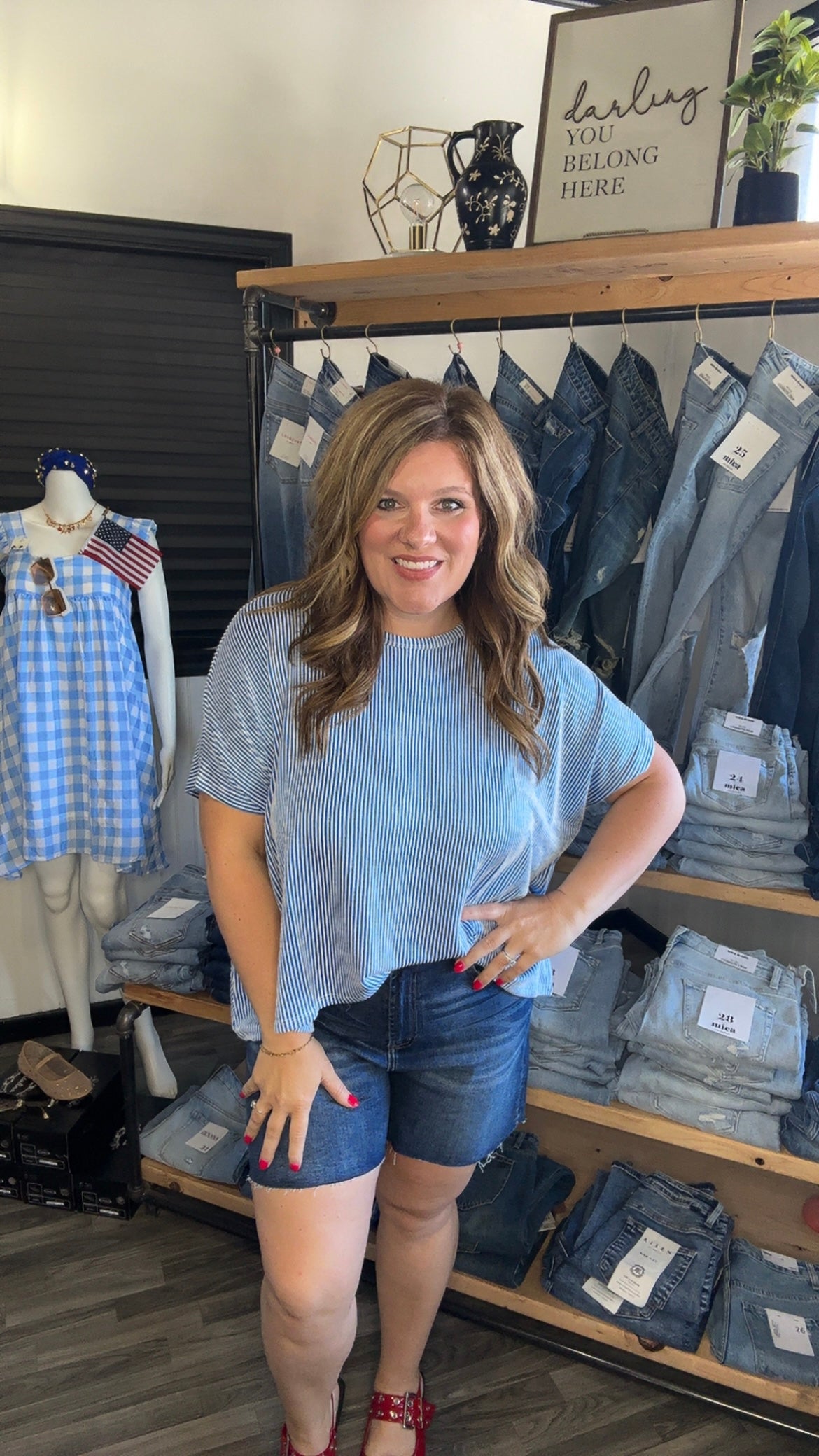 Blue Ribbed Stripe Short Sleeve Top