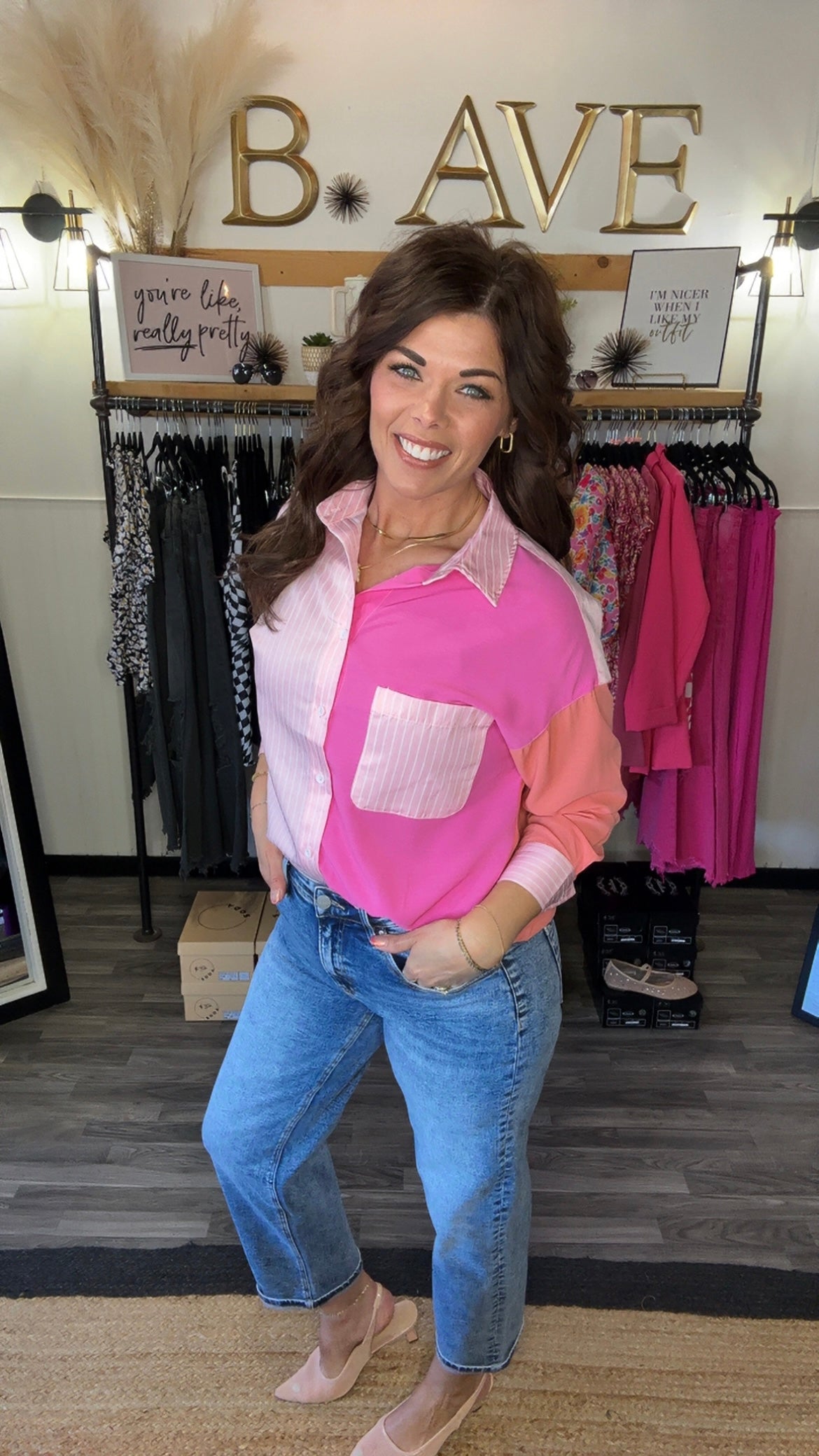 Pink Colorblock & Stripe Button Down Shirt