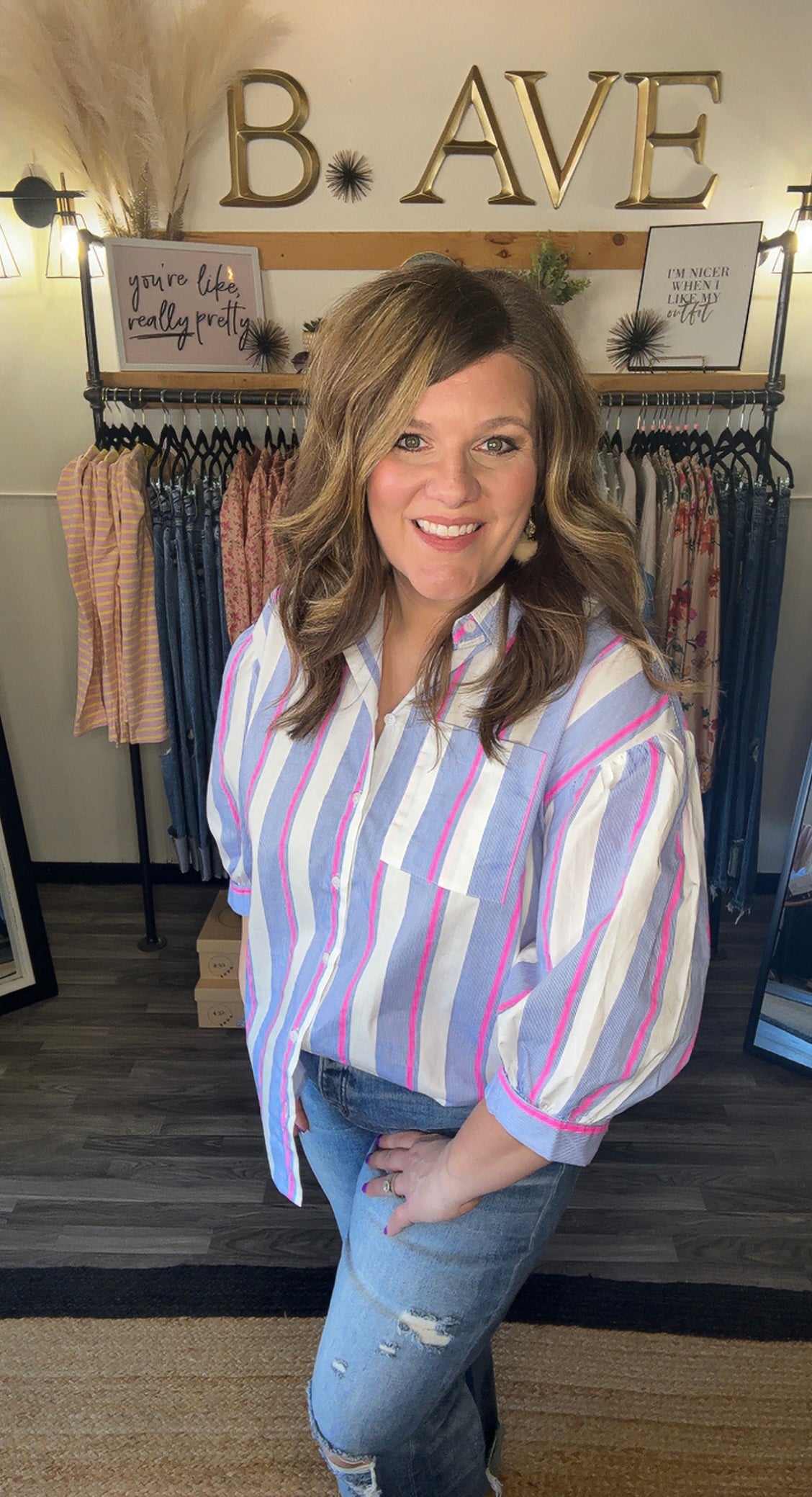 Pink & Blue Multi Stripe Button Down Top