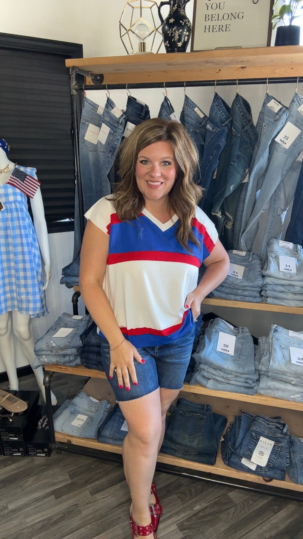 Red, White and Blue Color Block V-Neck Top