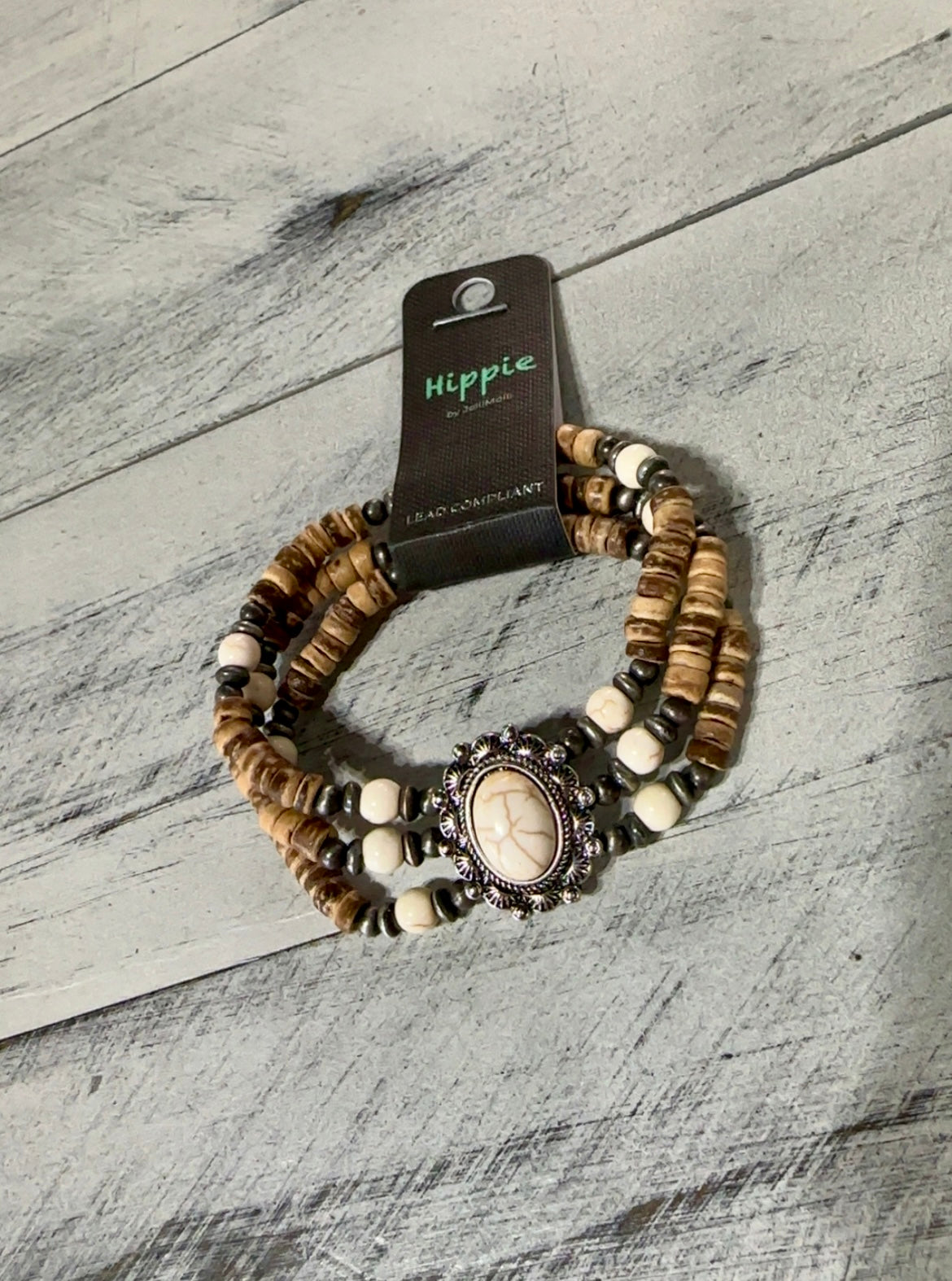 3 Layer Tan & Navajo Pearl Beaded Concho Bracelet