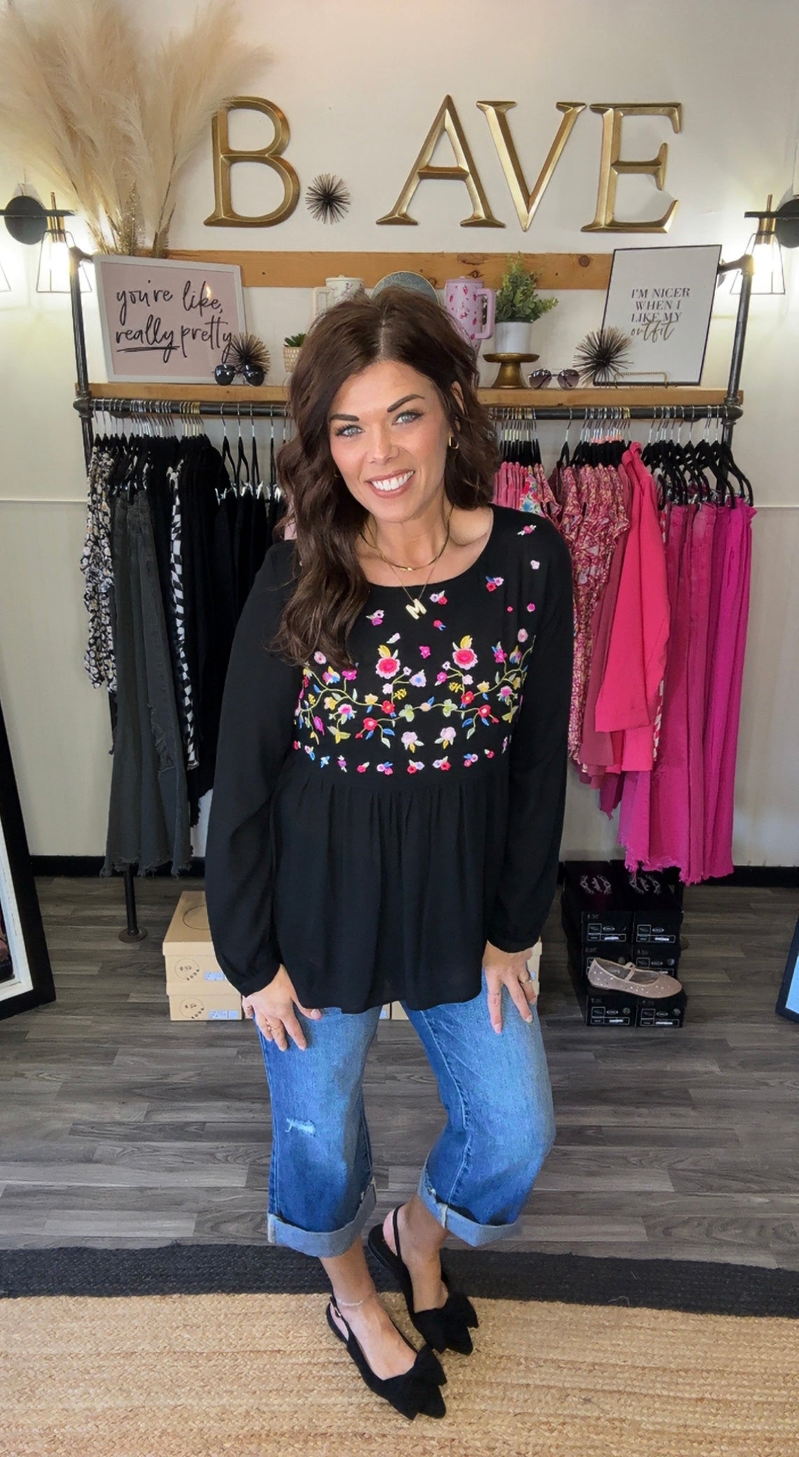 Black Floral Embroidered Babydoll Top
