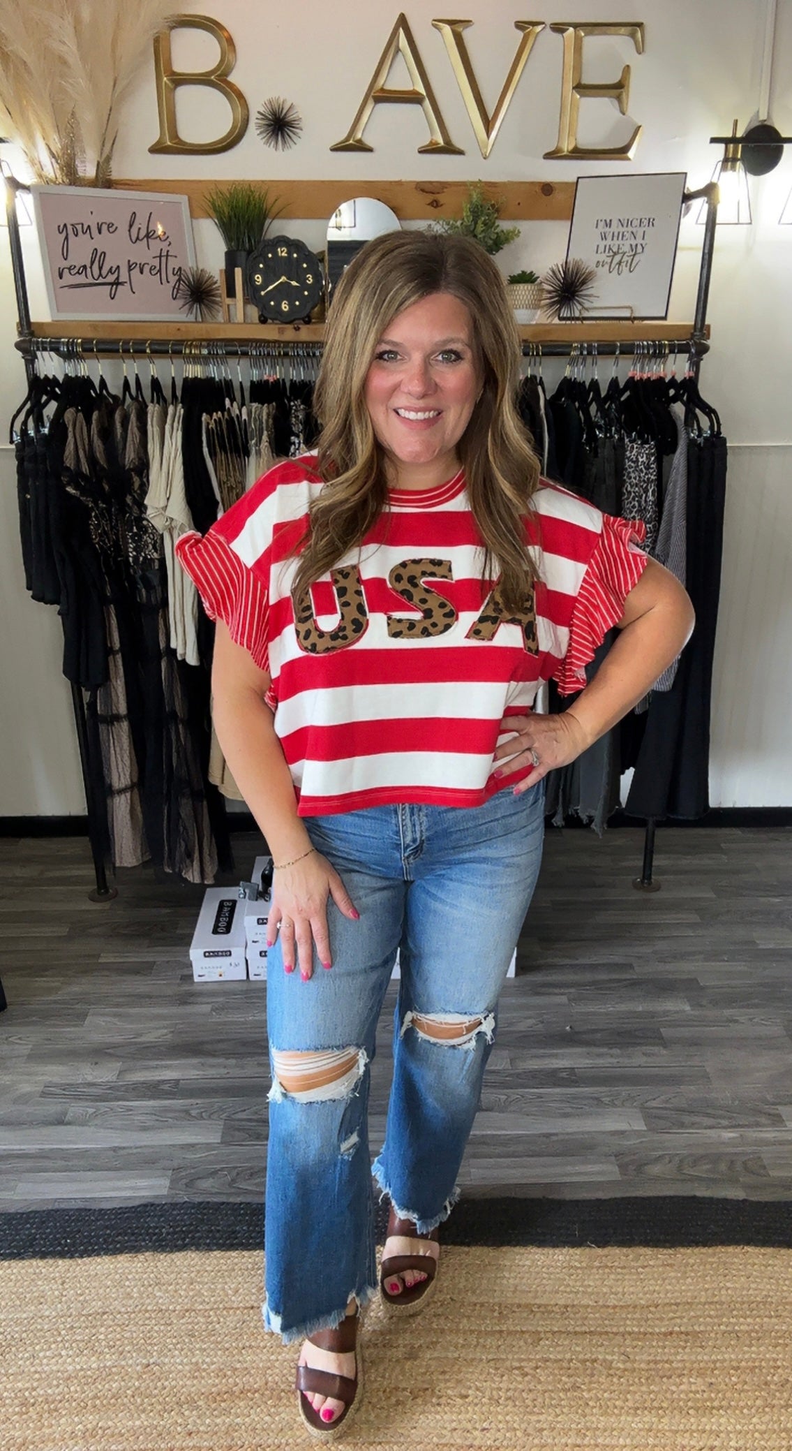 Red & White Stripe USA Leopard Print Top