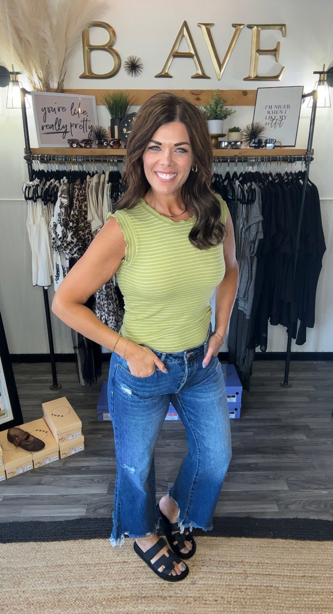 Avocado & White Stripe Ruffle Tank
