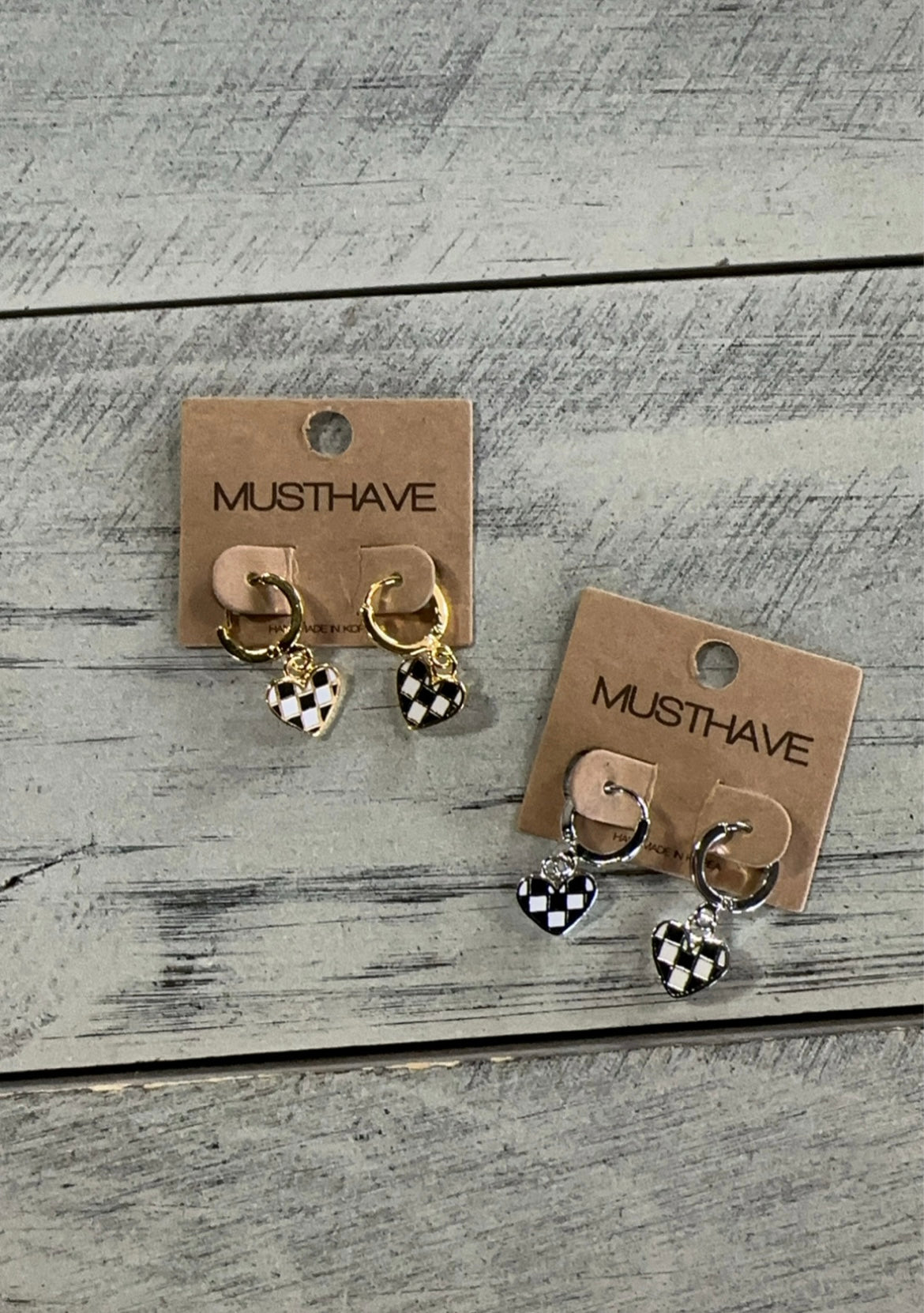Black & White Checkered Heart Charm Hoop Earrings