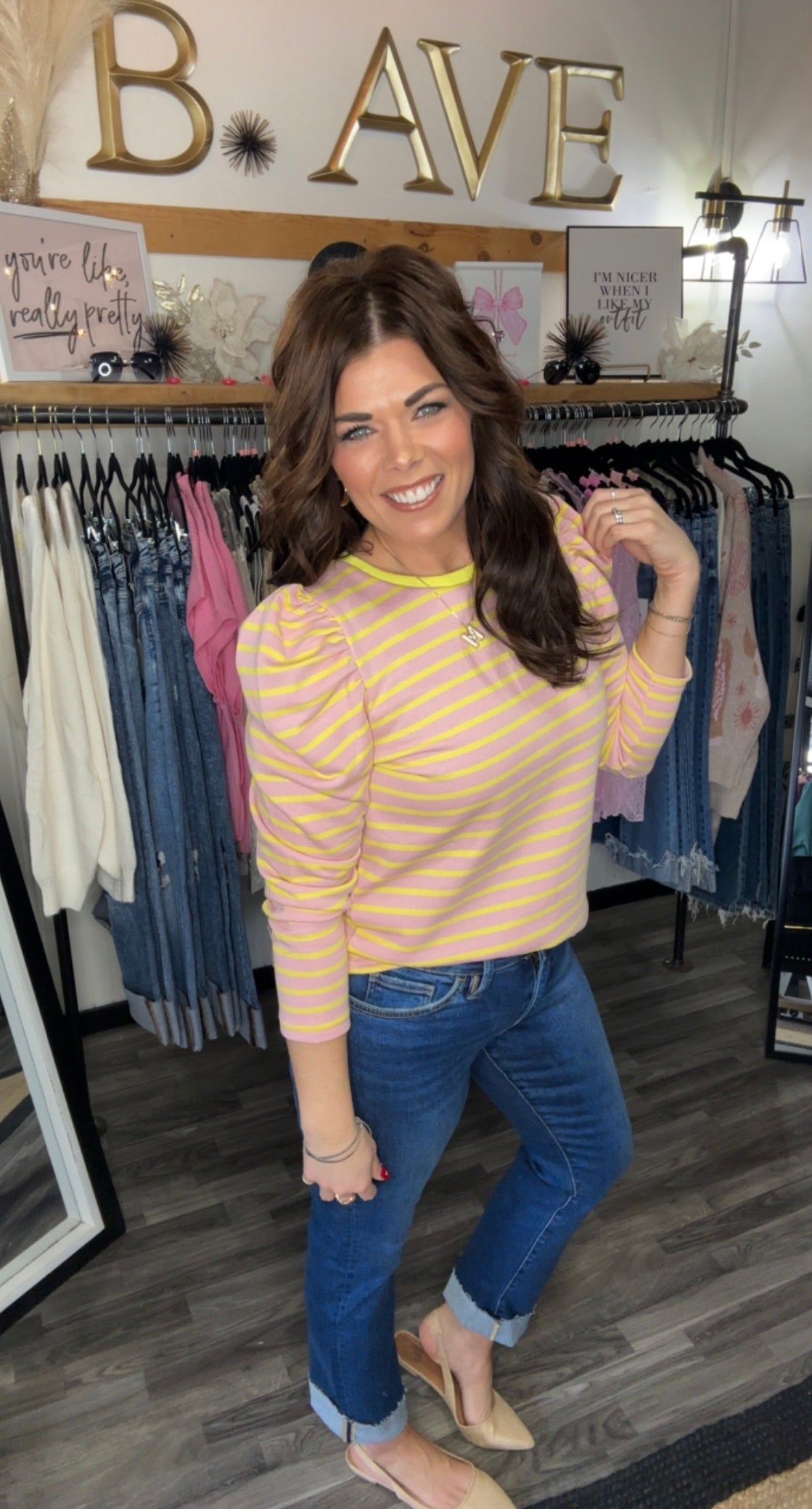 Strawberry Cream and Yellow Striped Puff Sleeve Top