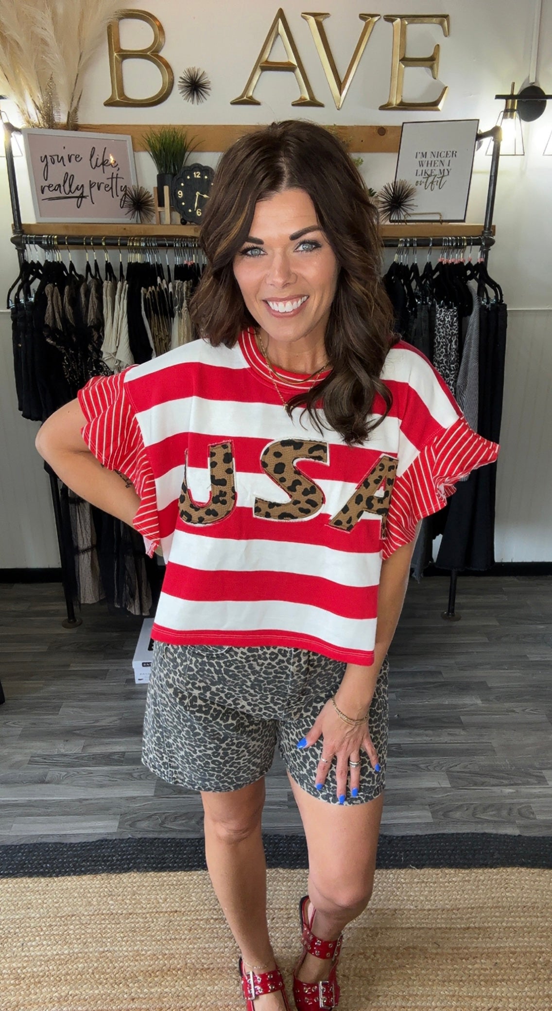 Red & White Stripe USA Leopard Print Top