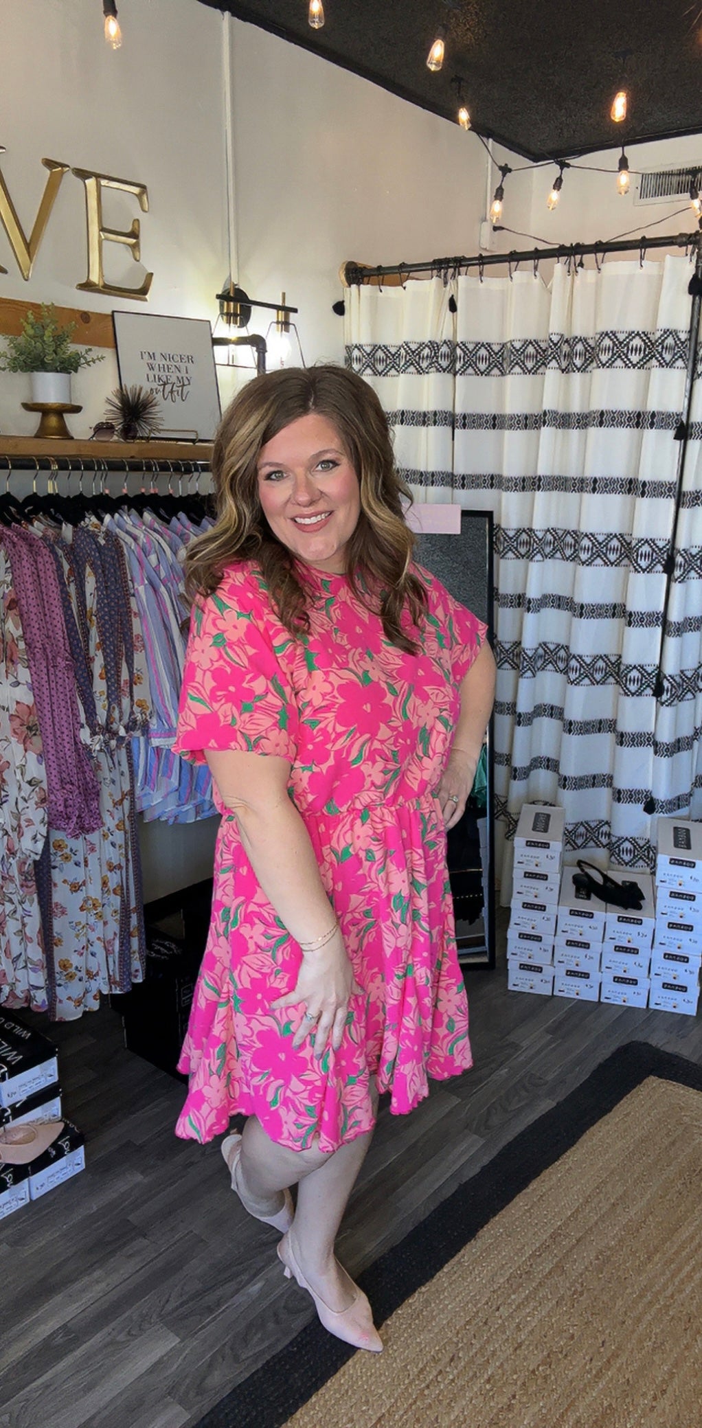 Fuchsia Floral Bubble Sleeve Dress