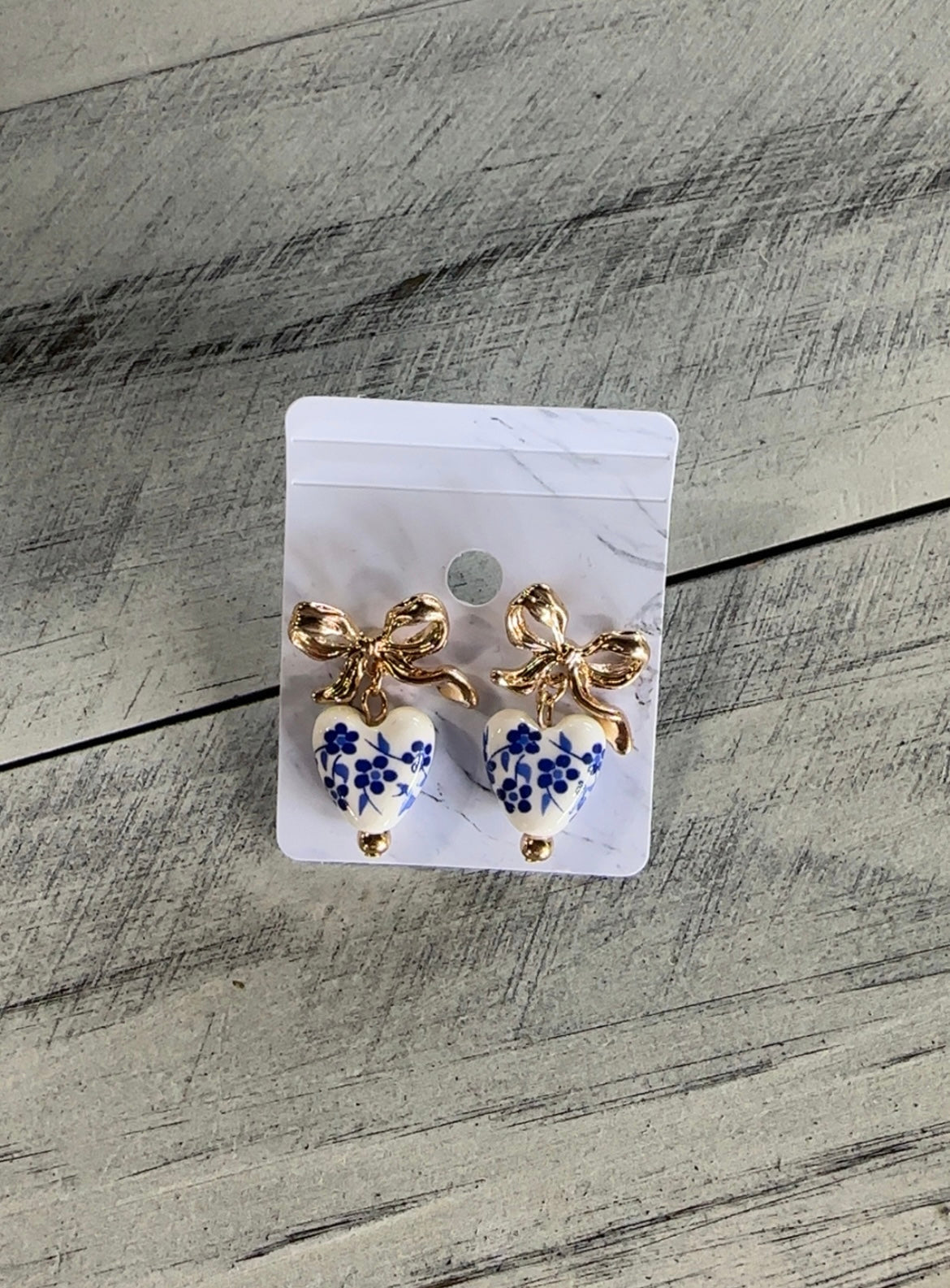 Blue & White Porcelain Heart & Bow Stud Earrings