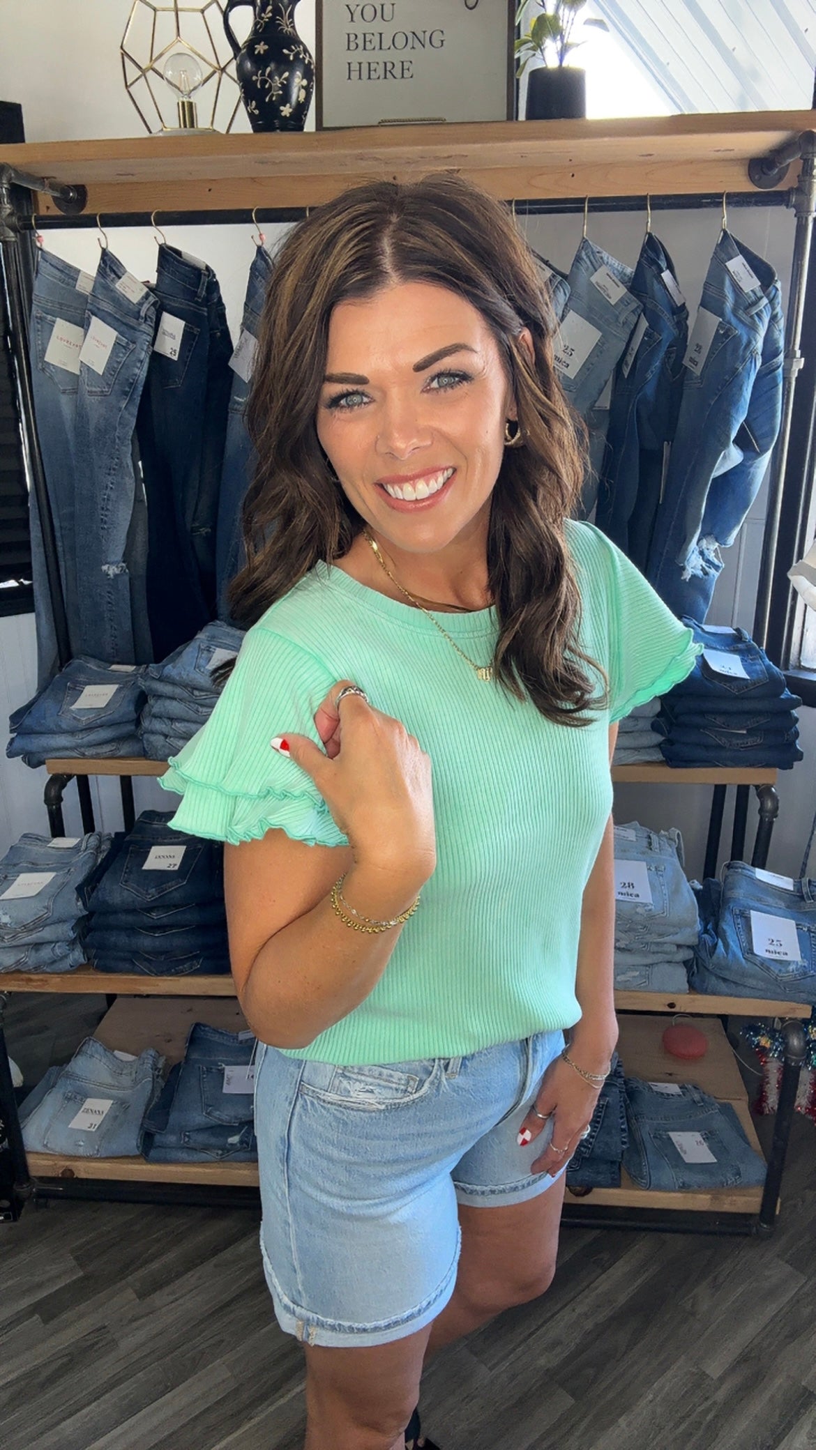 Vintage Mint Ribbed Ruffle Sleeve Top