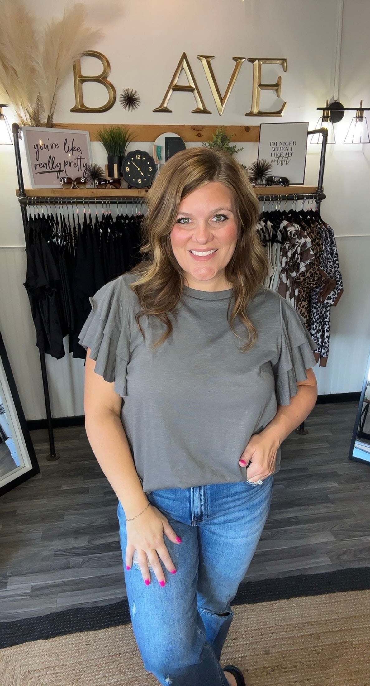 Dark Grey Double Ruffle Sleeve Top