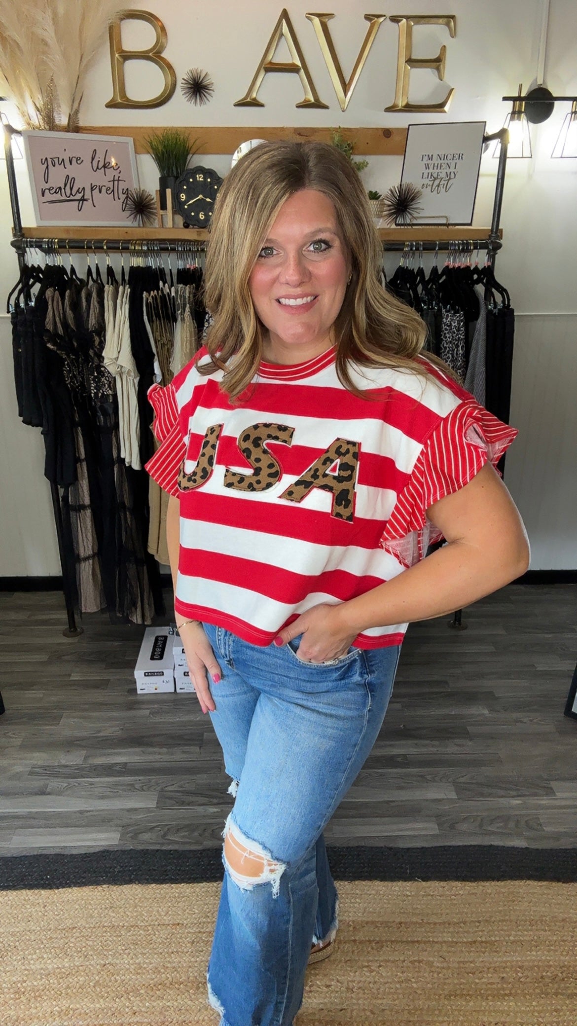Red & White Stripe USA Leopard Print Top