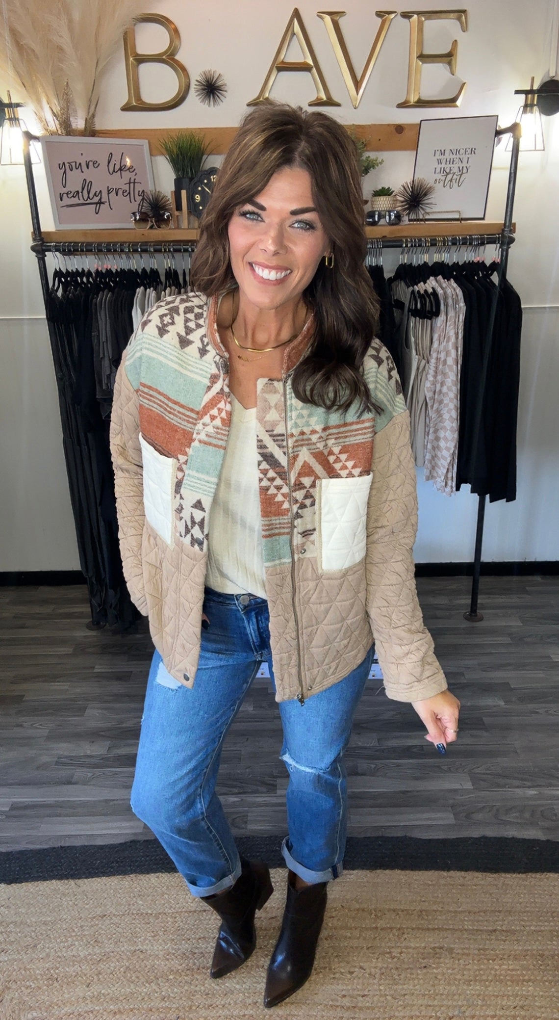 Beige Aztec Quilted Patchwork Jacket