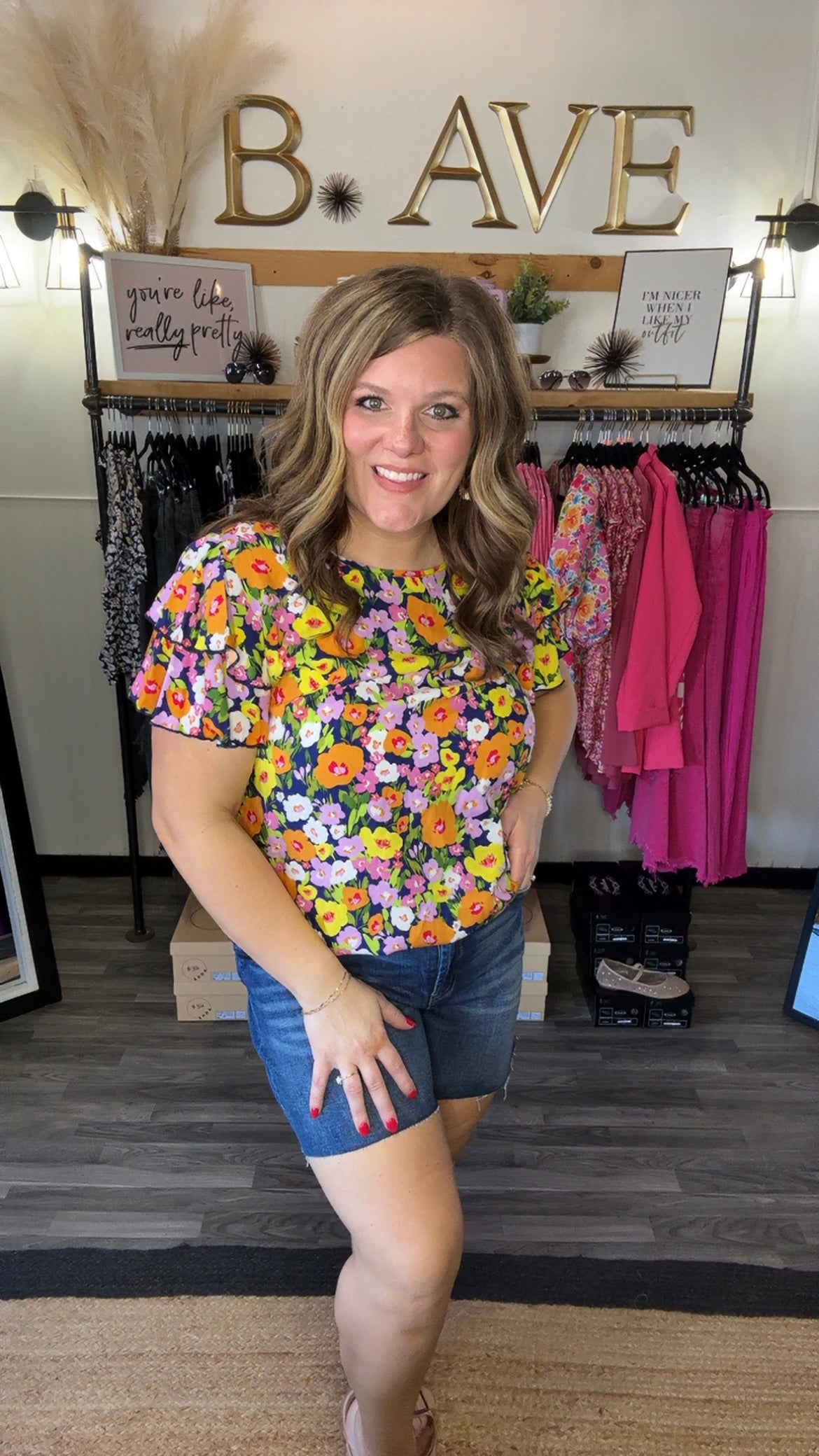 Navy Multi Floral Flutter Sleeve Top