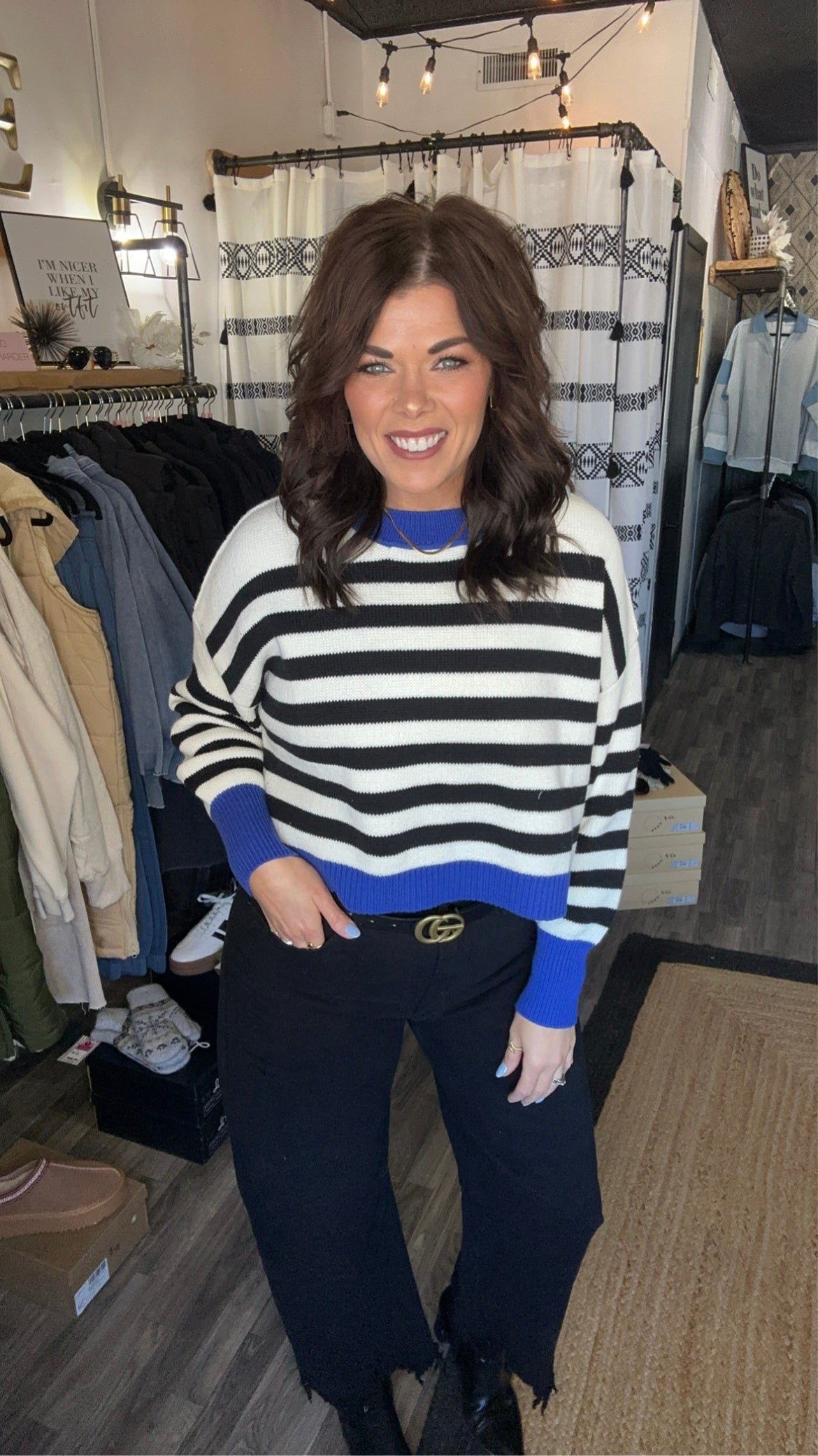 White, Black & Blue Stripe Sweater