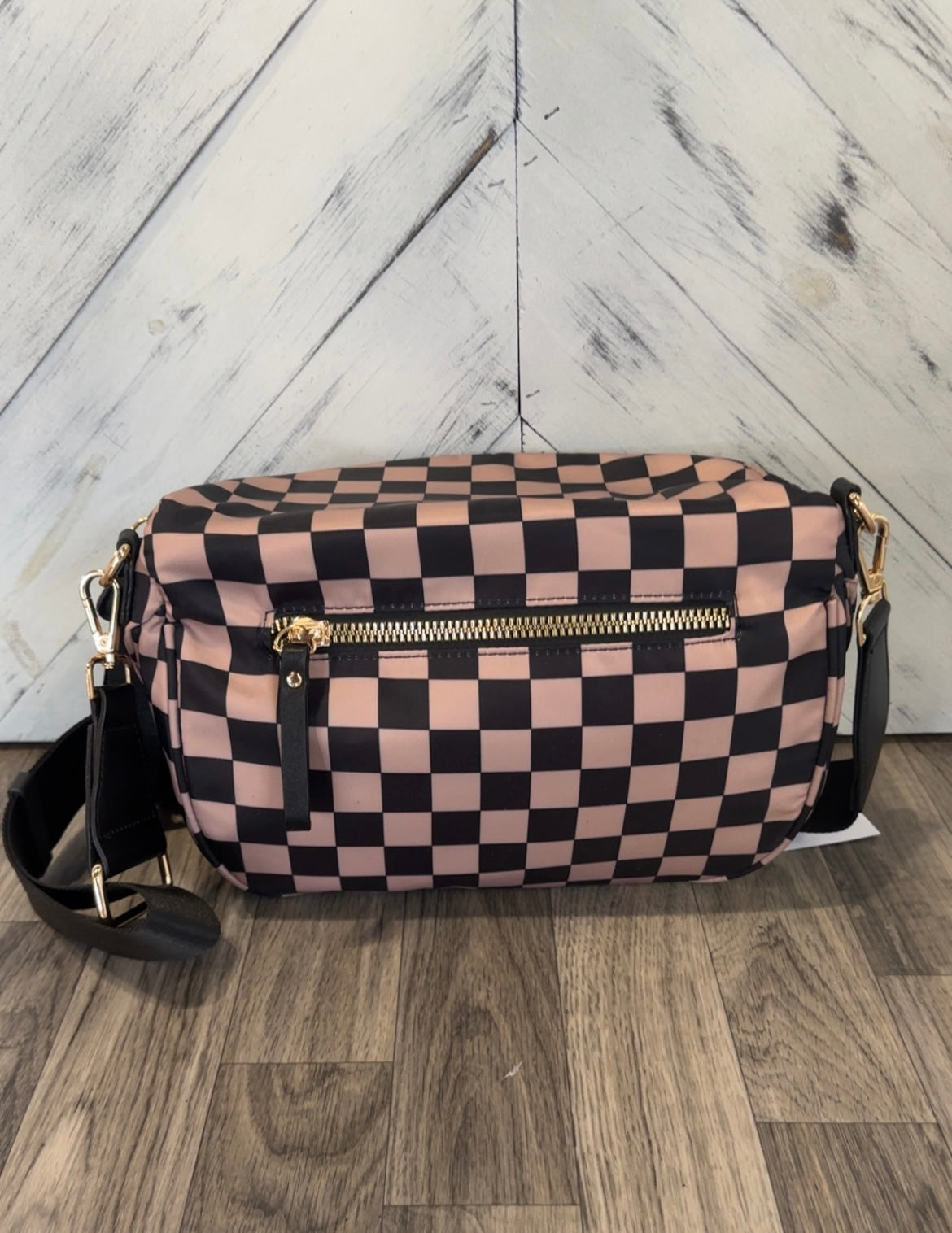 Black & Tan Checkered Double Zip Crossbody Bag