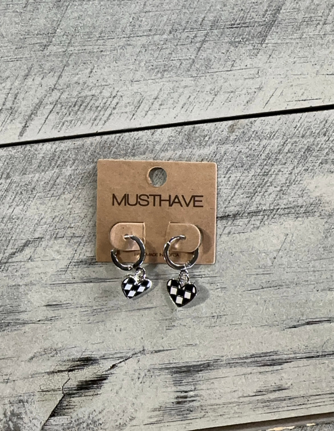 Black & White Checkered Heart Charm Hoop Earrings