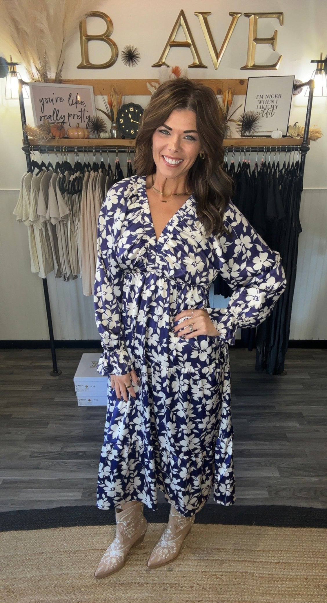 Navy & Ivory Floral Satin Dress