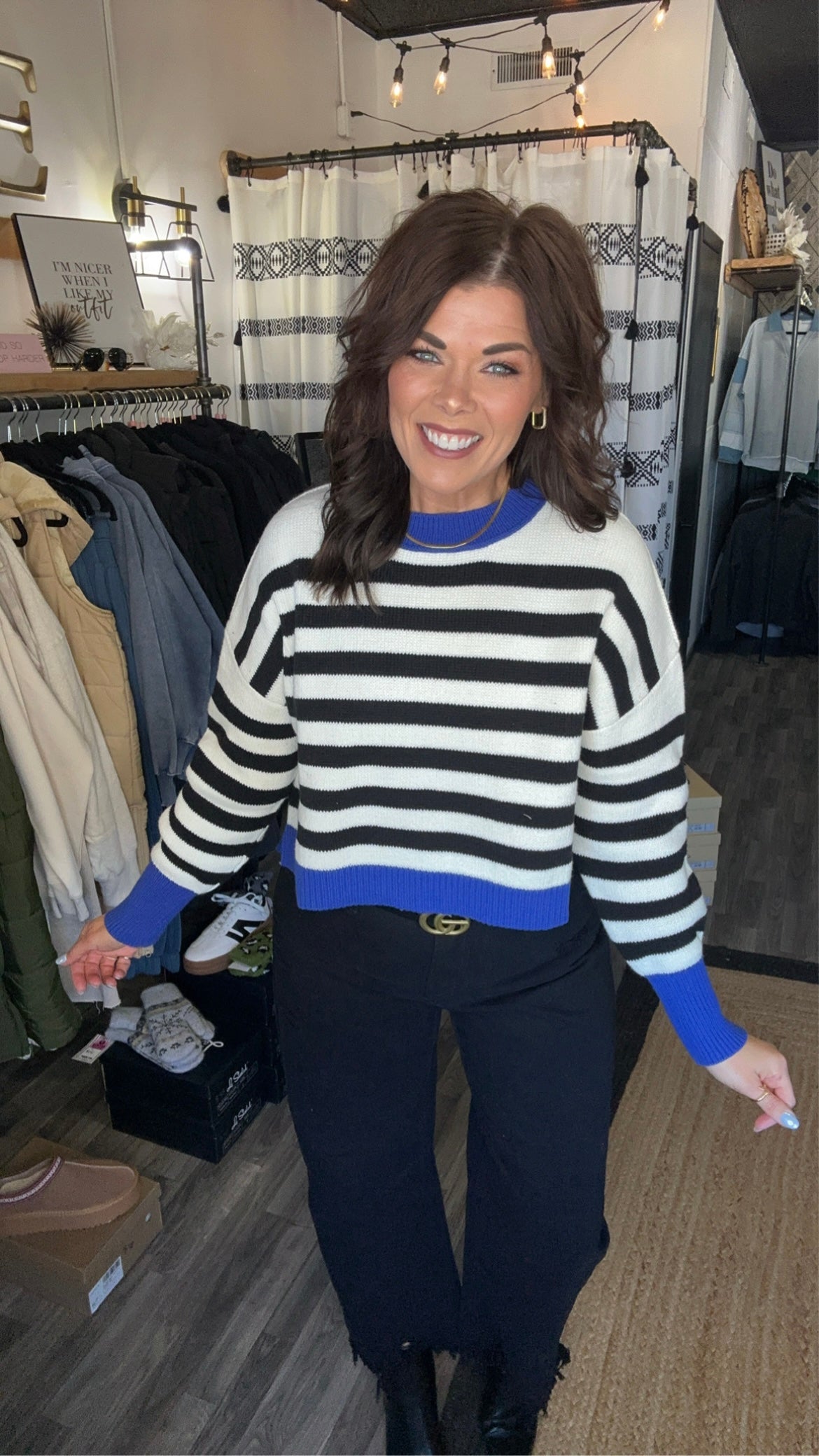 White, Black & Blue Stripe Sweater