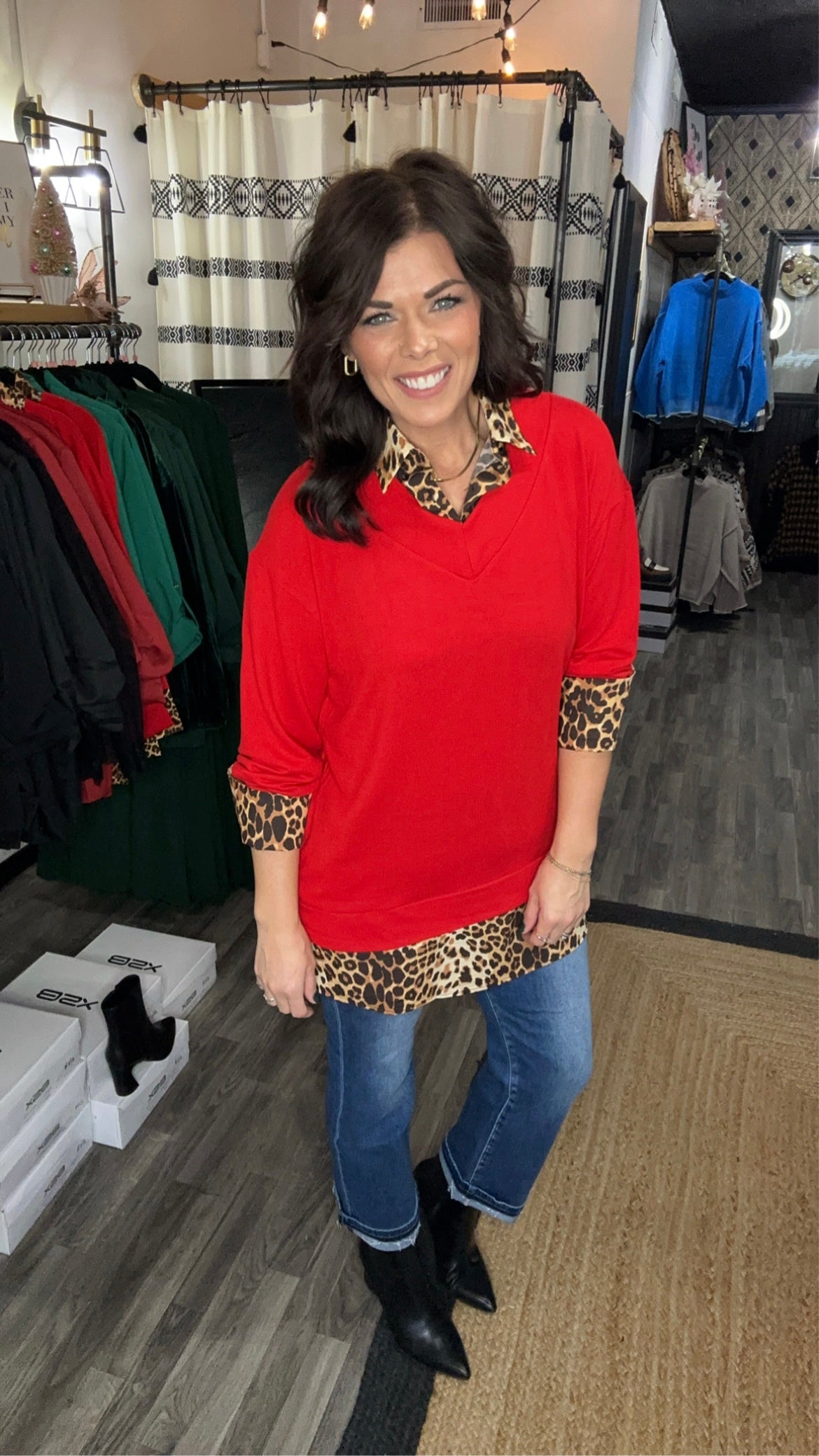 Red & Leopard Print Knit Shirt Dress
