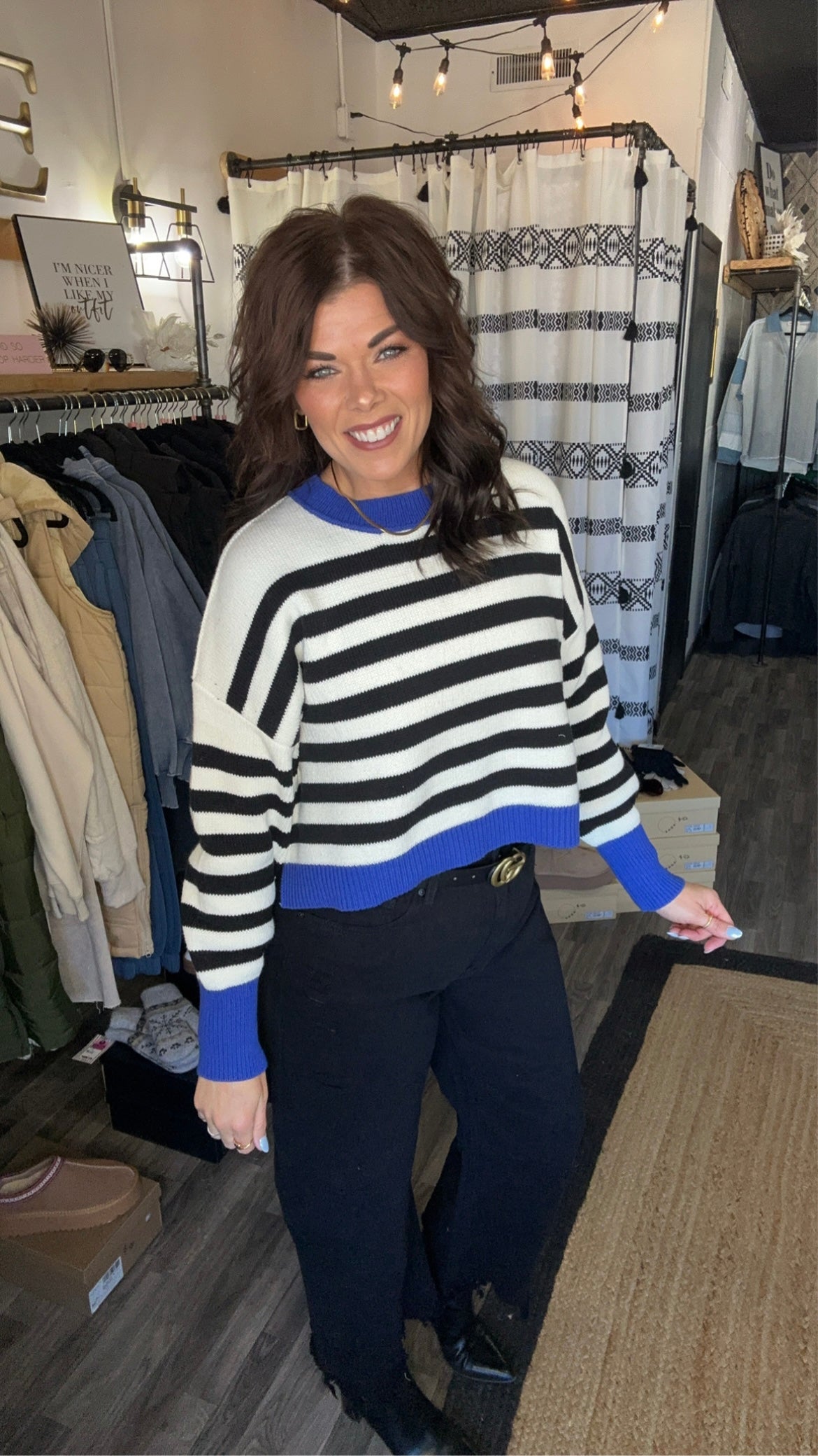 White, Black & Blue Stripe Sweater