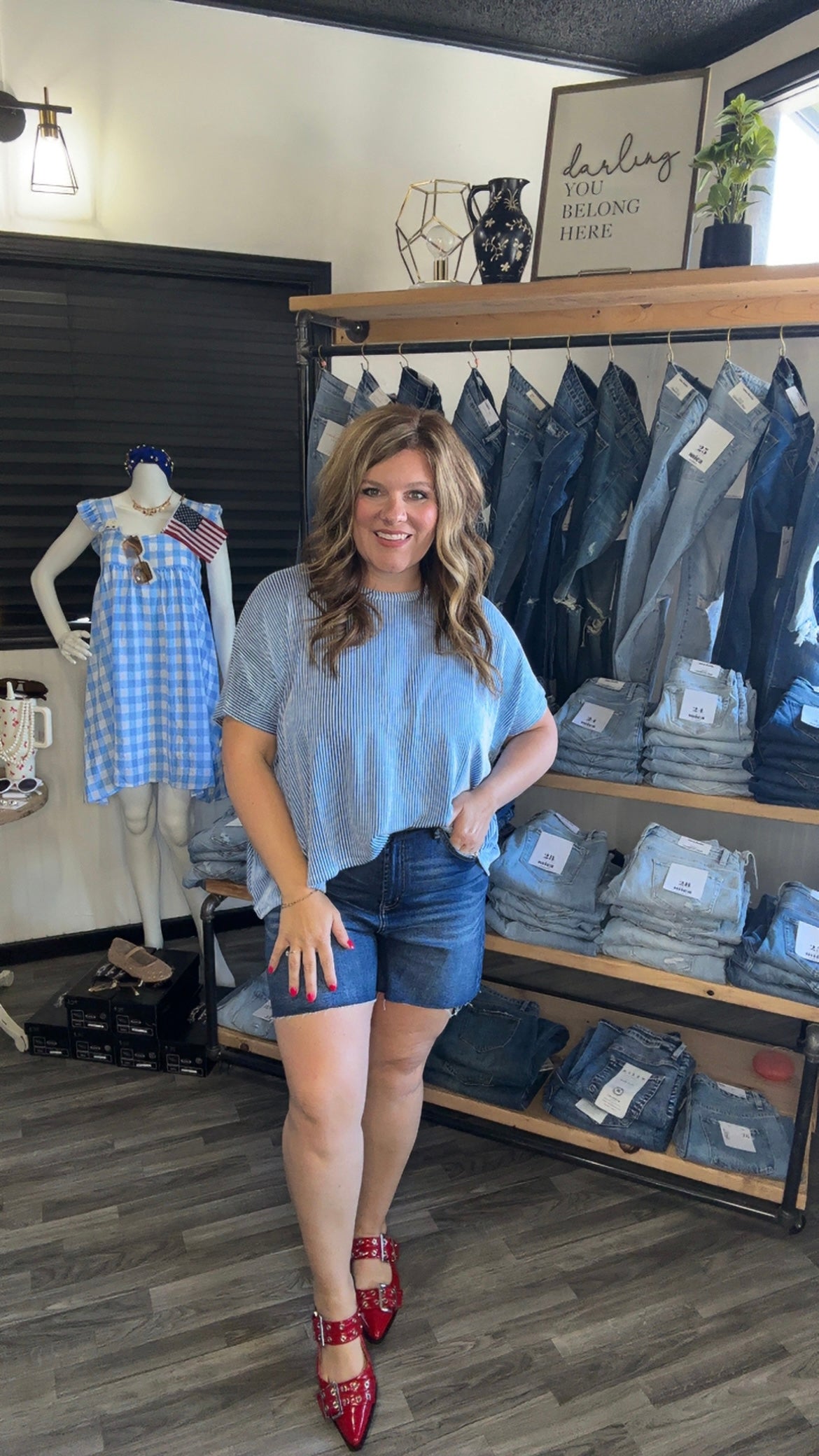 Blue Ribbed Stripe Short Sleeve Top