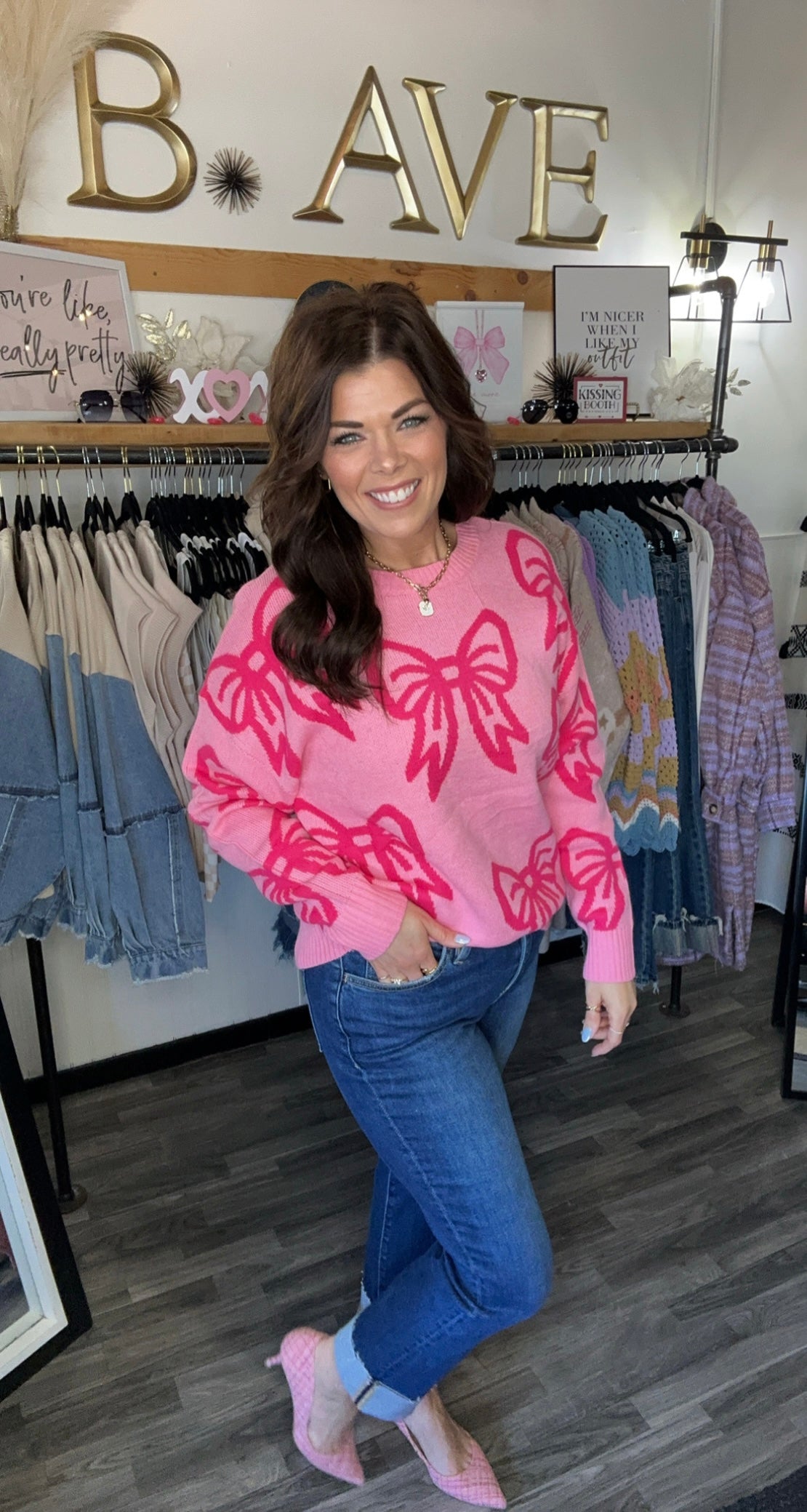 Bright Pink Bow Loose Fit Sweater