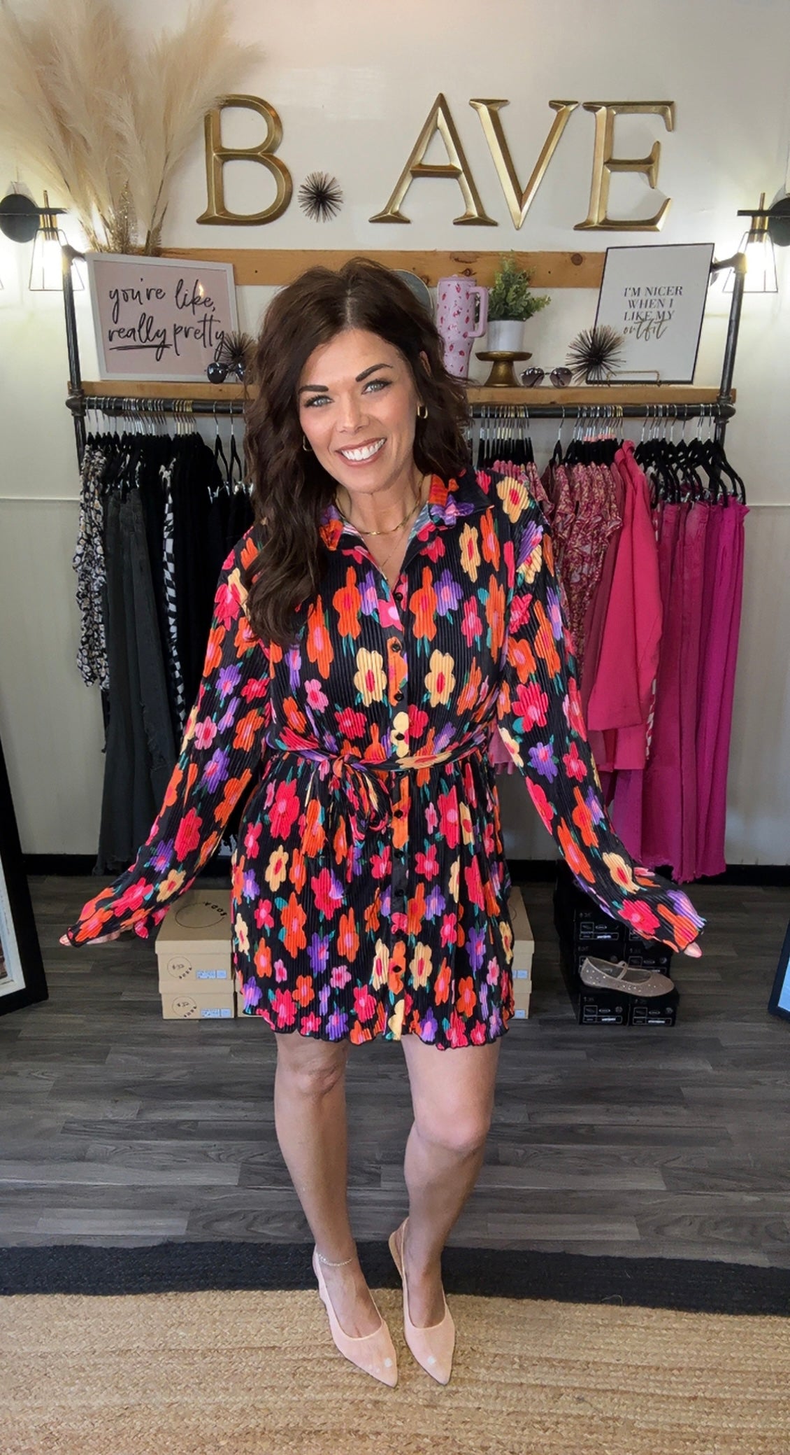 Black Multi Floral Ribbed Dress
