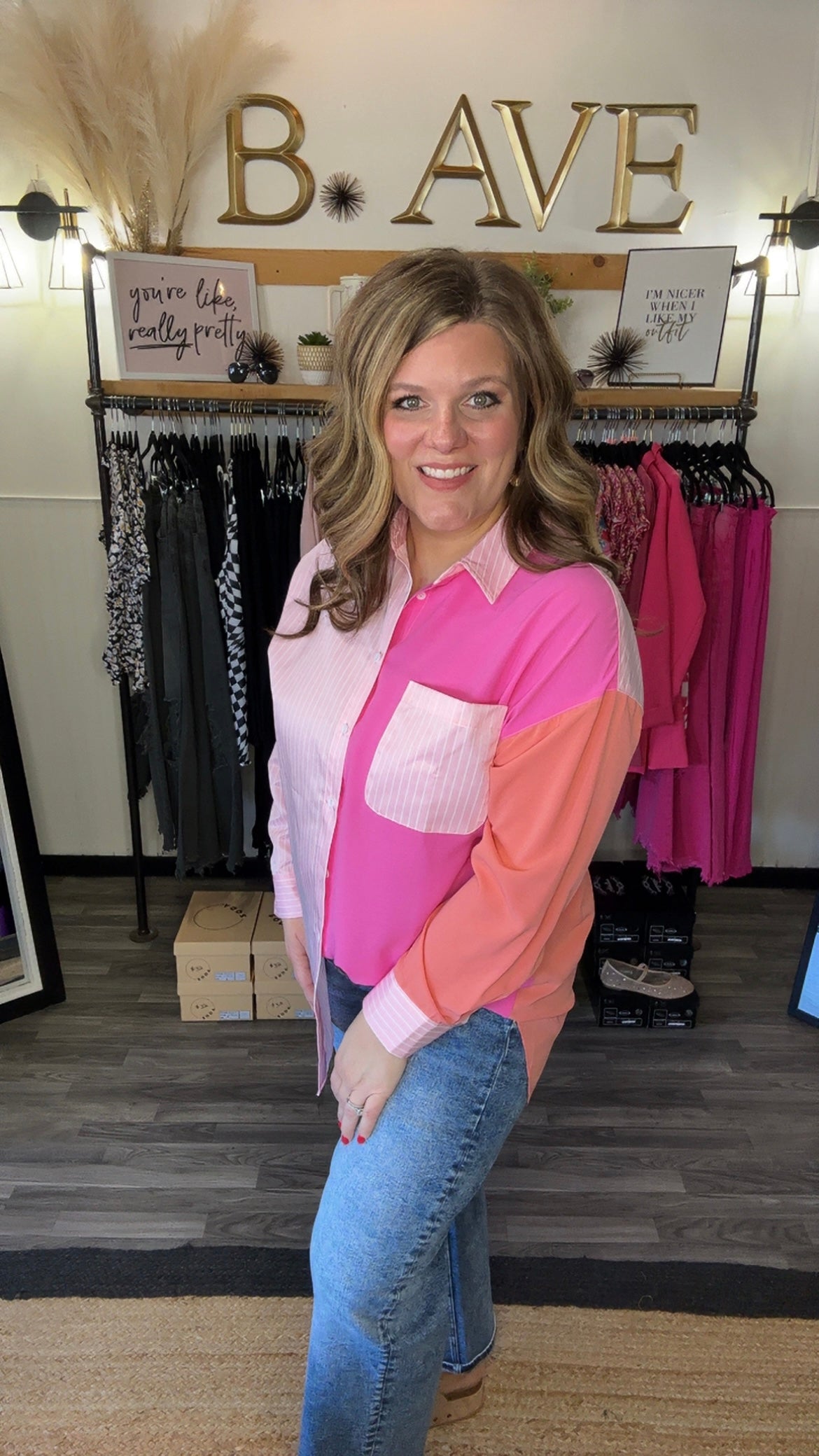 Pink Colorblock & Stripe Button Down Shirt