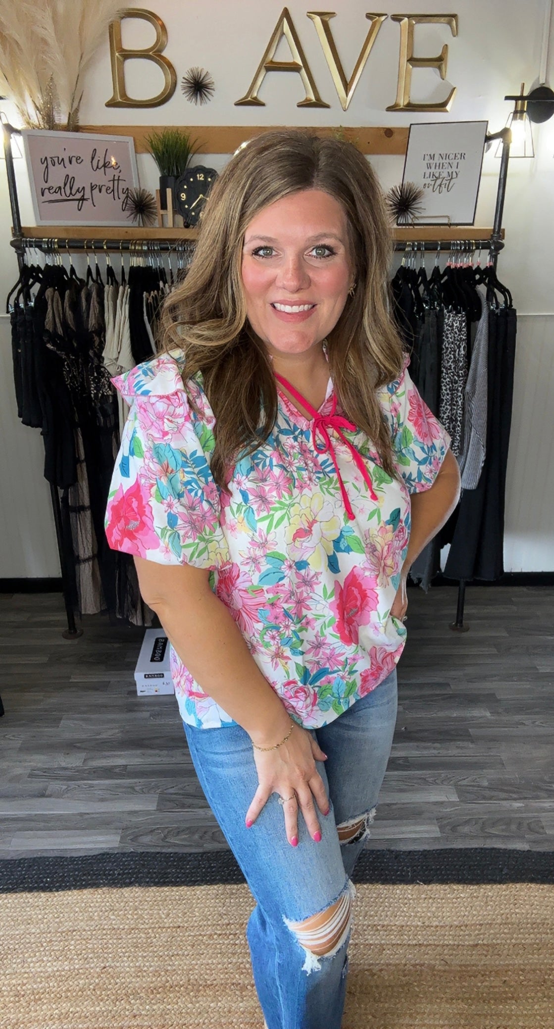 Ivory & Pink Floral Print Frill Top