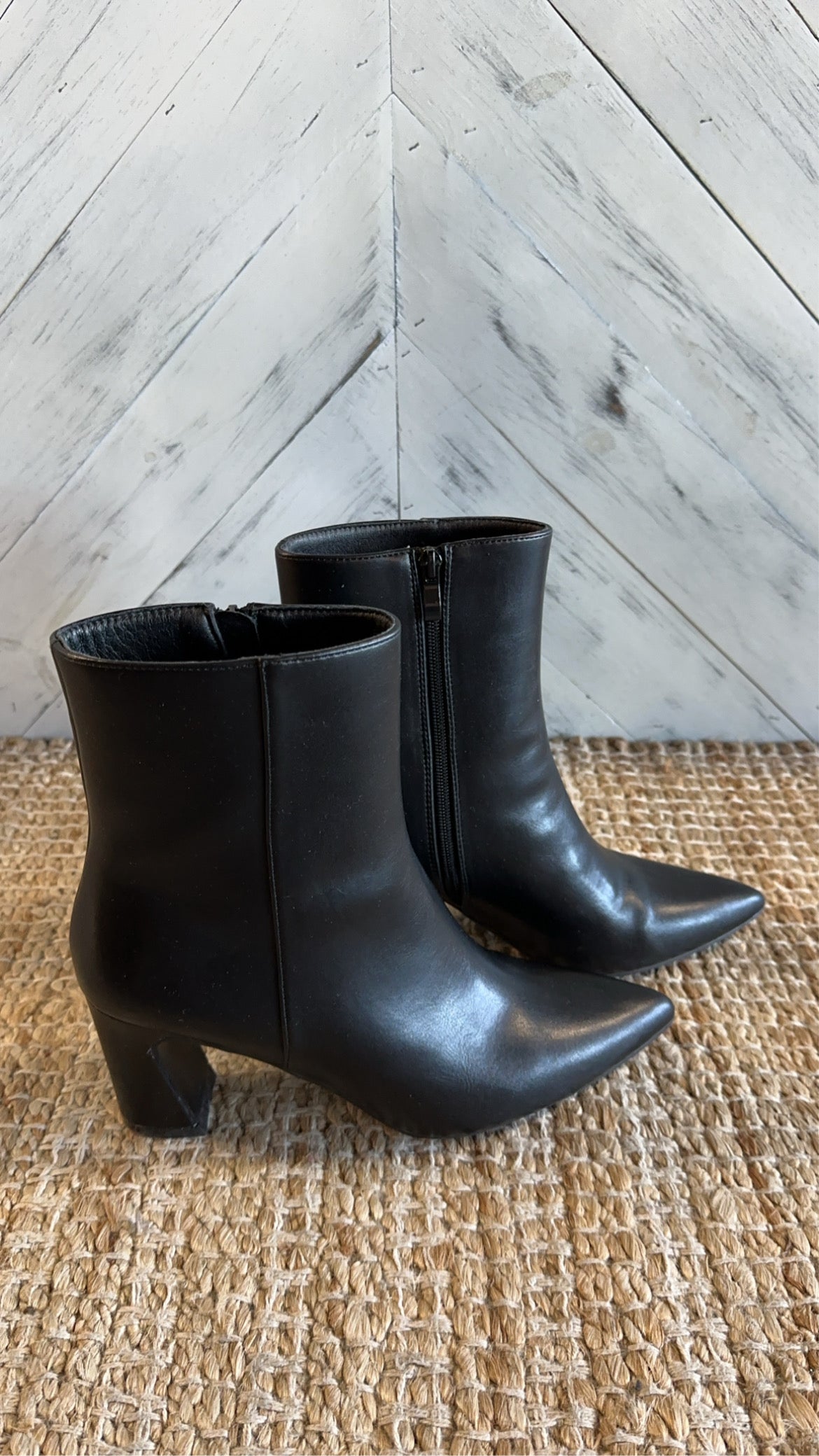 Black Pointed Toe Block Heel Bootie