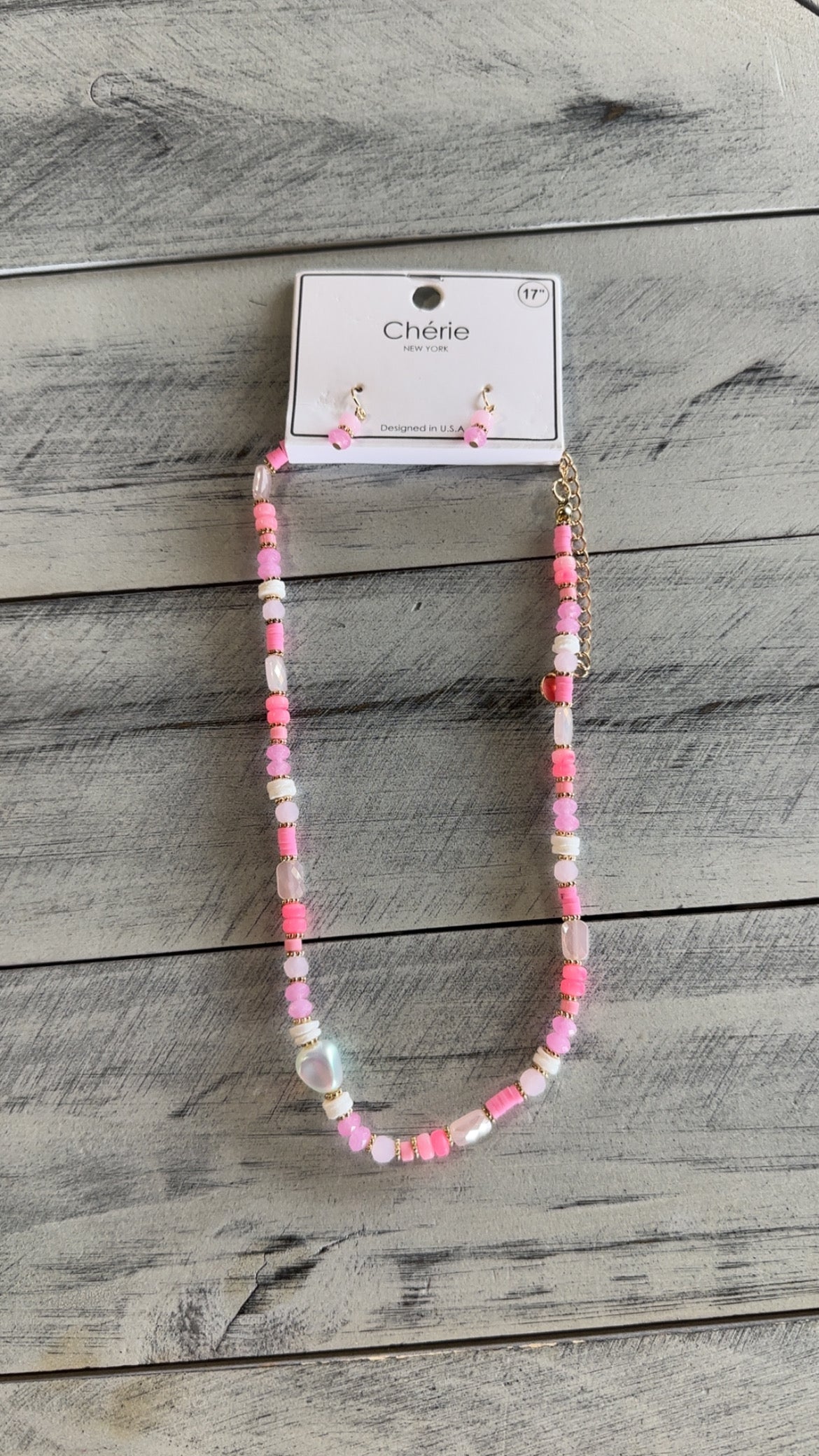 Pink & White Bead Necklace & Earring Set